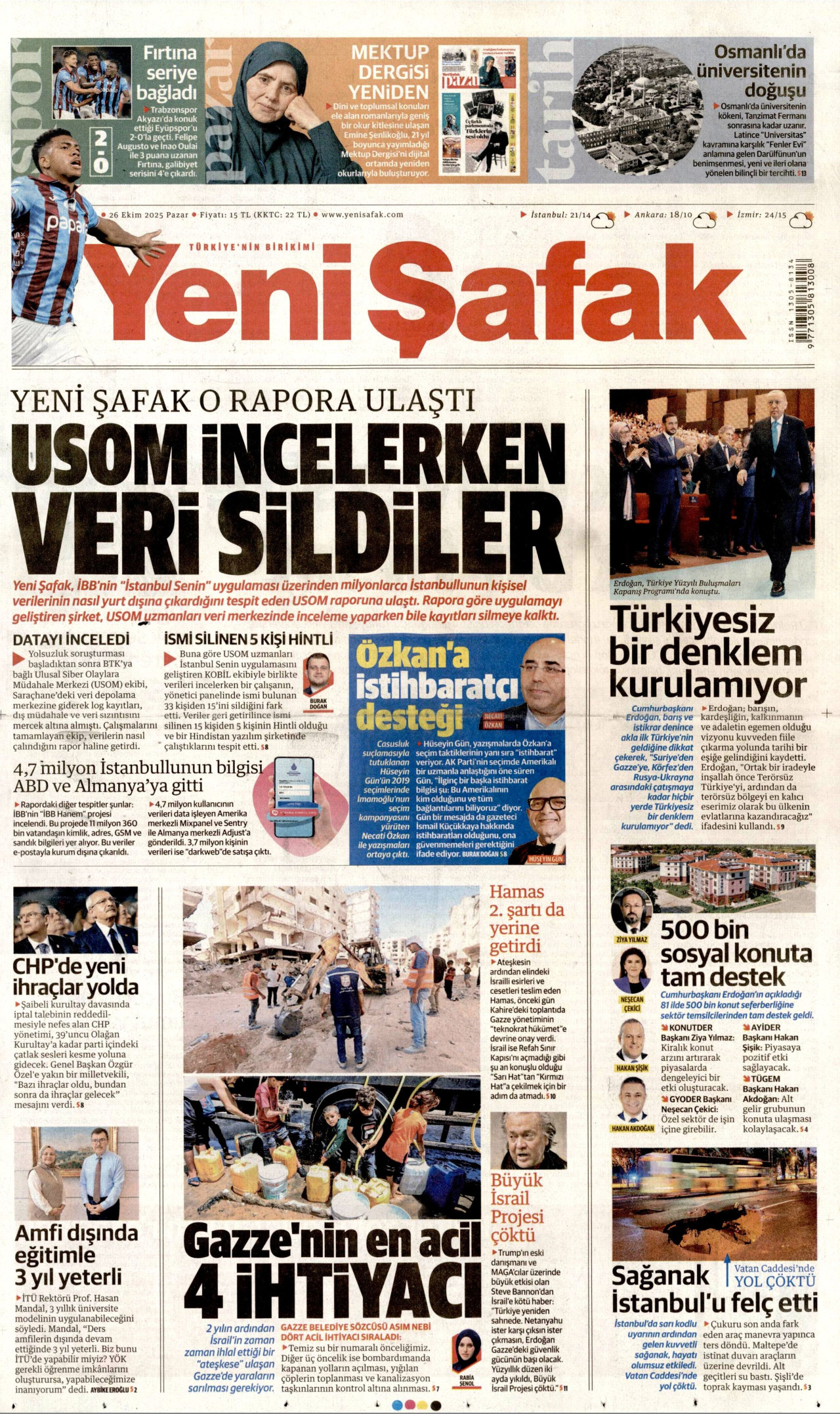 YENİ ŞAFAK gazetesinin 26 Ekim 2025 tarihli birinci sayfası