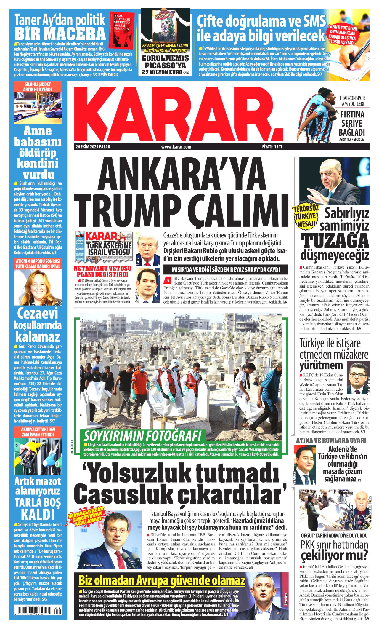 KARAR gazetesinin 26 Ekim 2025 tarihli birinci sayfası