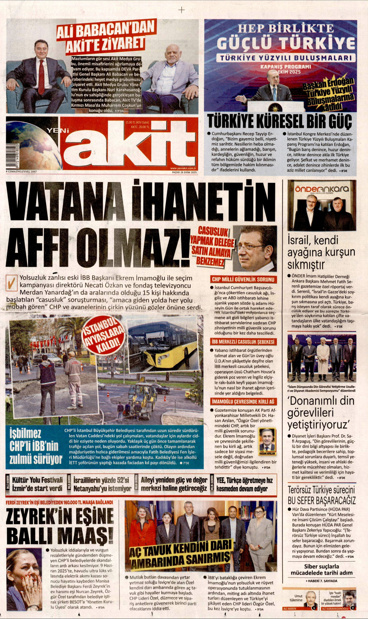 YENİ AKİT gazetesinin 26 Ekim 2025 tarihli birinci sayfası