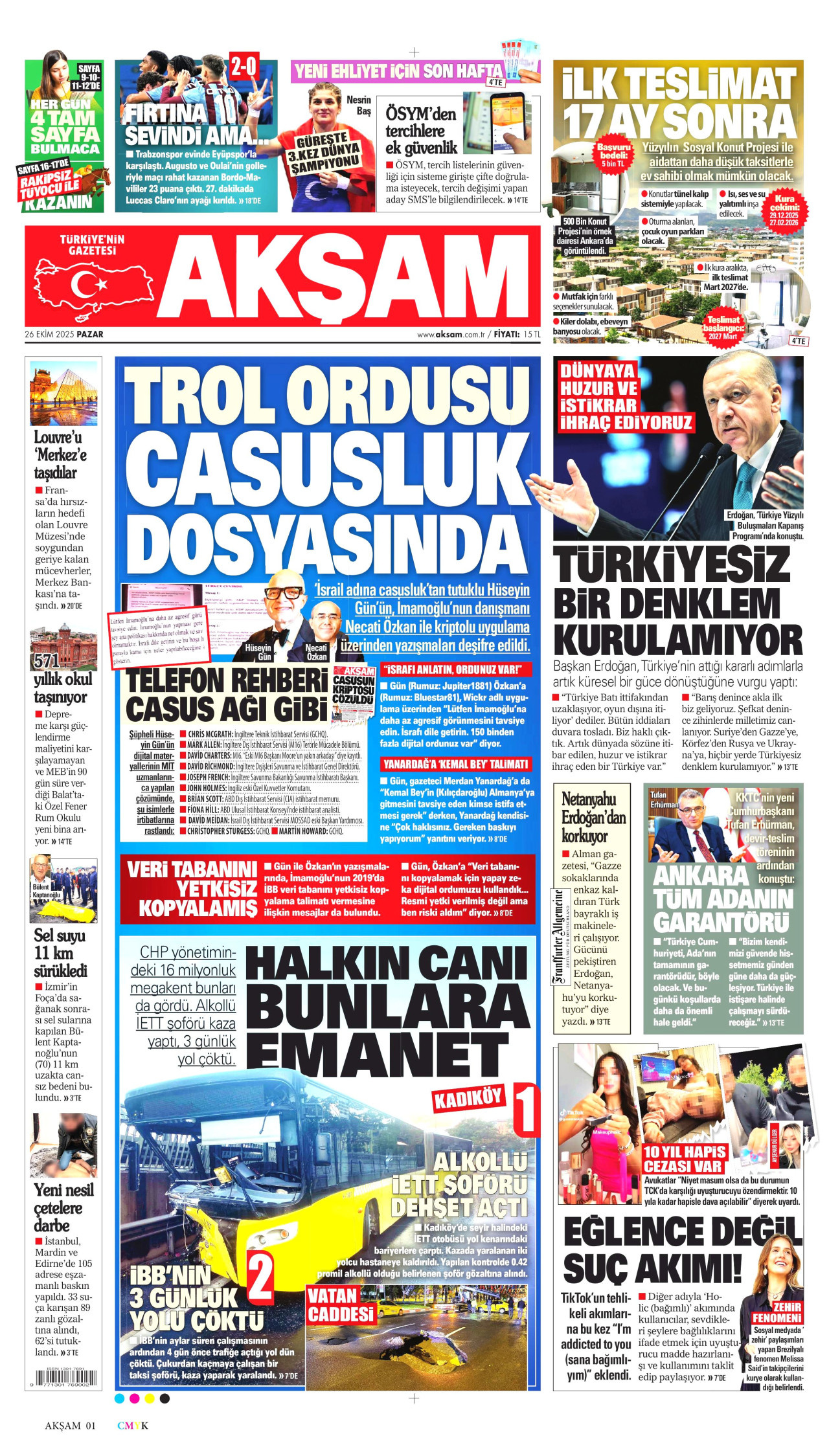 AKŞAM gazetesinin 26 Ekim 2025 tarihli birinci sayfası