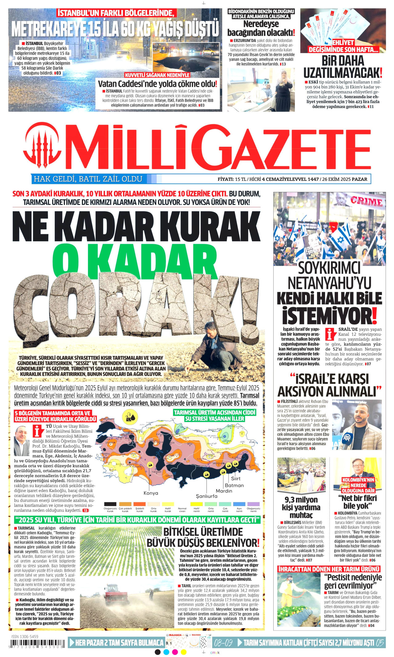 MİLLİ GAZETE gazetesinin 26 Ekim 2025 tarihli birinci sayfası