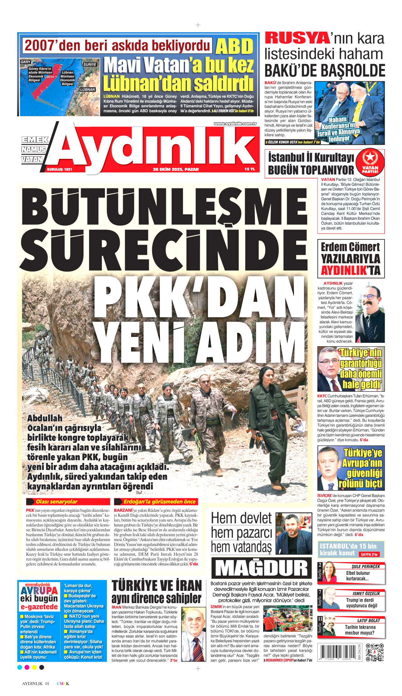 AYDINLIK GAZETESİ gazetesinin 26 Ekim 2025 tarihli birinci sayfası