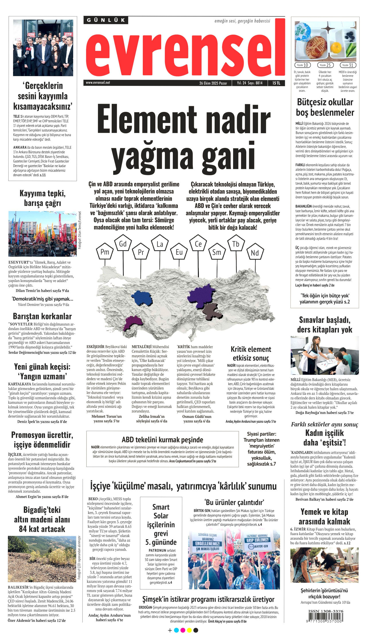 EVRENSEL gazetesinin 26 Ekim 2025 tarihli birinci sayfası