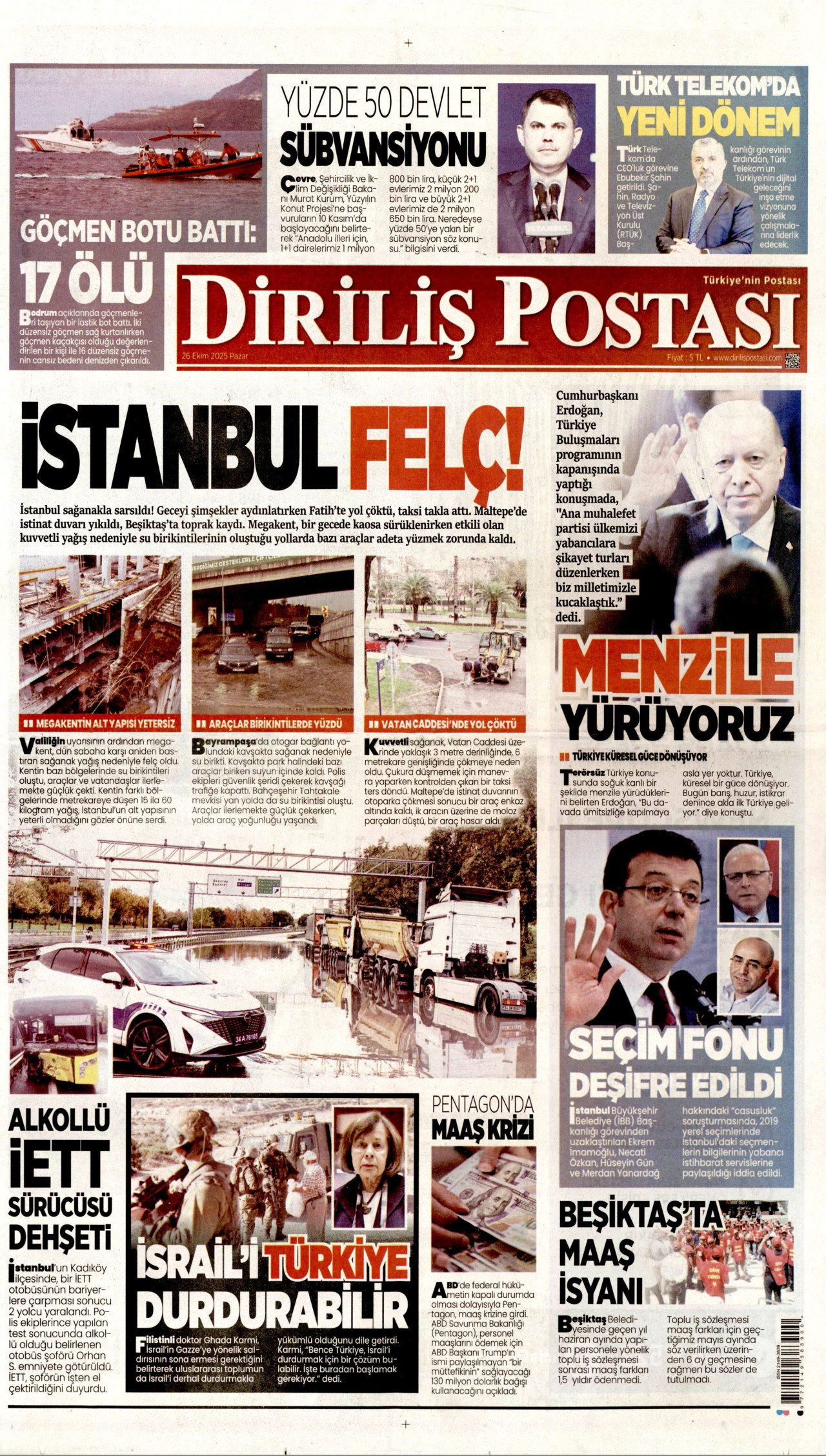 DİRİLİŞ POSTASI gazetesinin 26 Ekim 2025 tarihli birinci sayfası