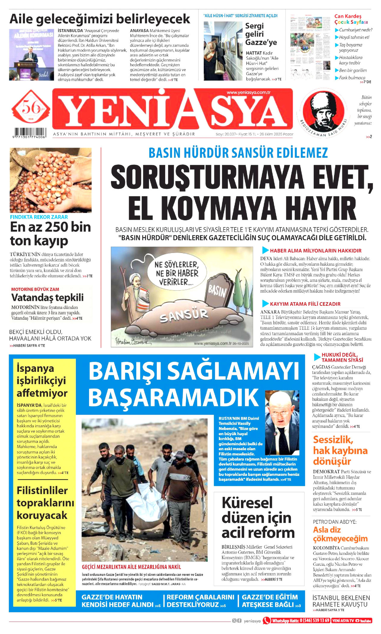 YENİ ASYA gazetesinin 26 Ekim 2025 tarihli birinci sayfası
