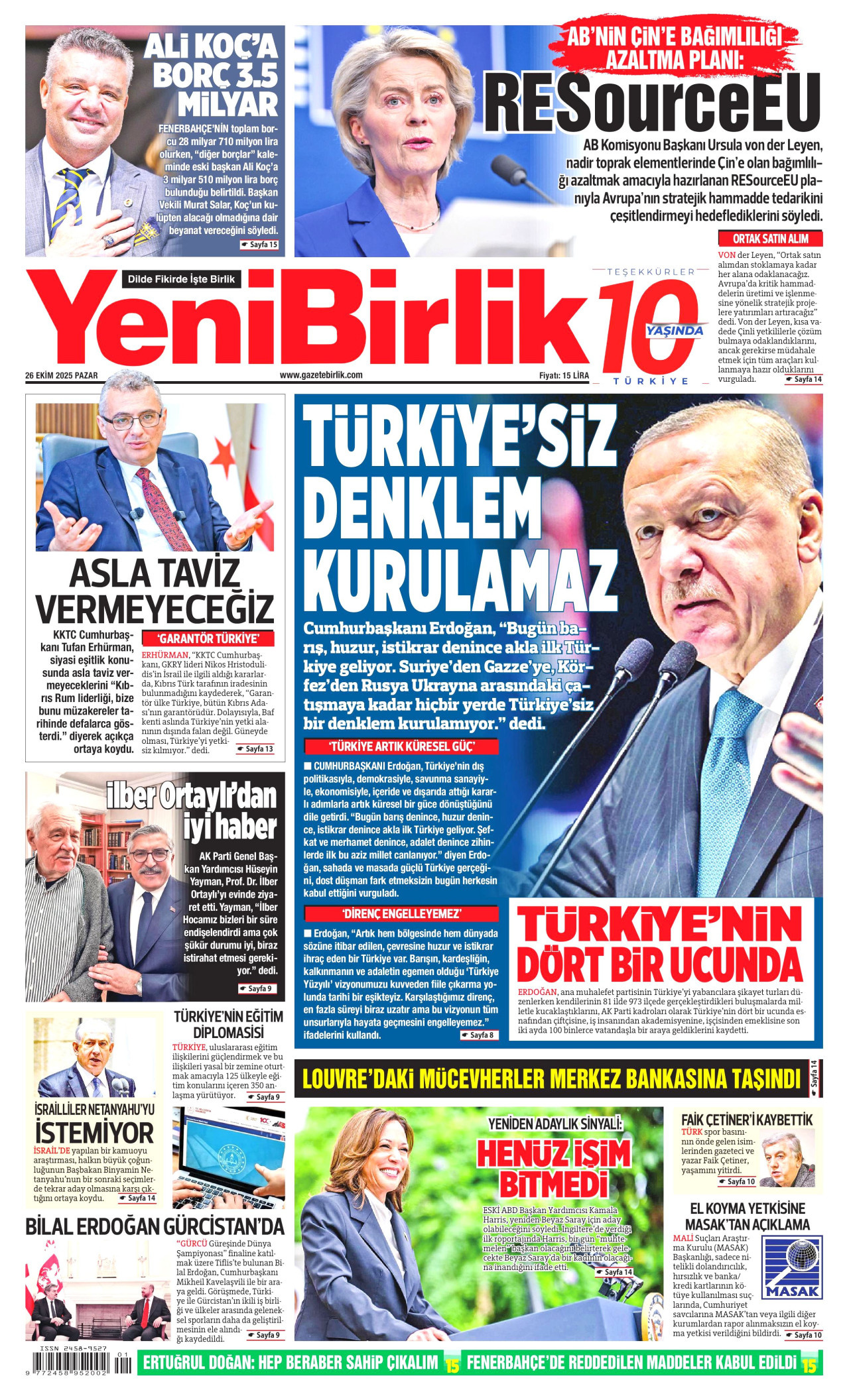YENİBİRLİK gazetesinin 26 Ekim 2025 tarihli birinci sayfası