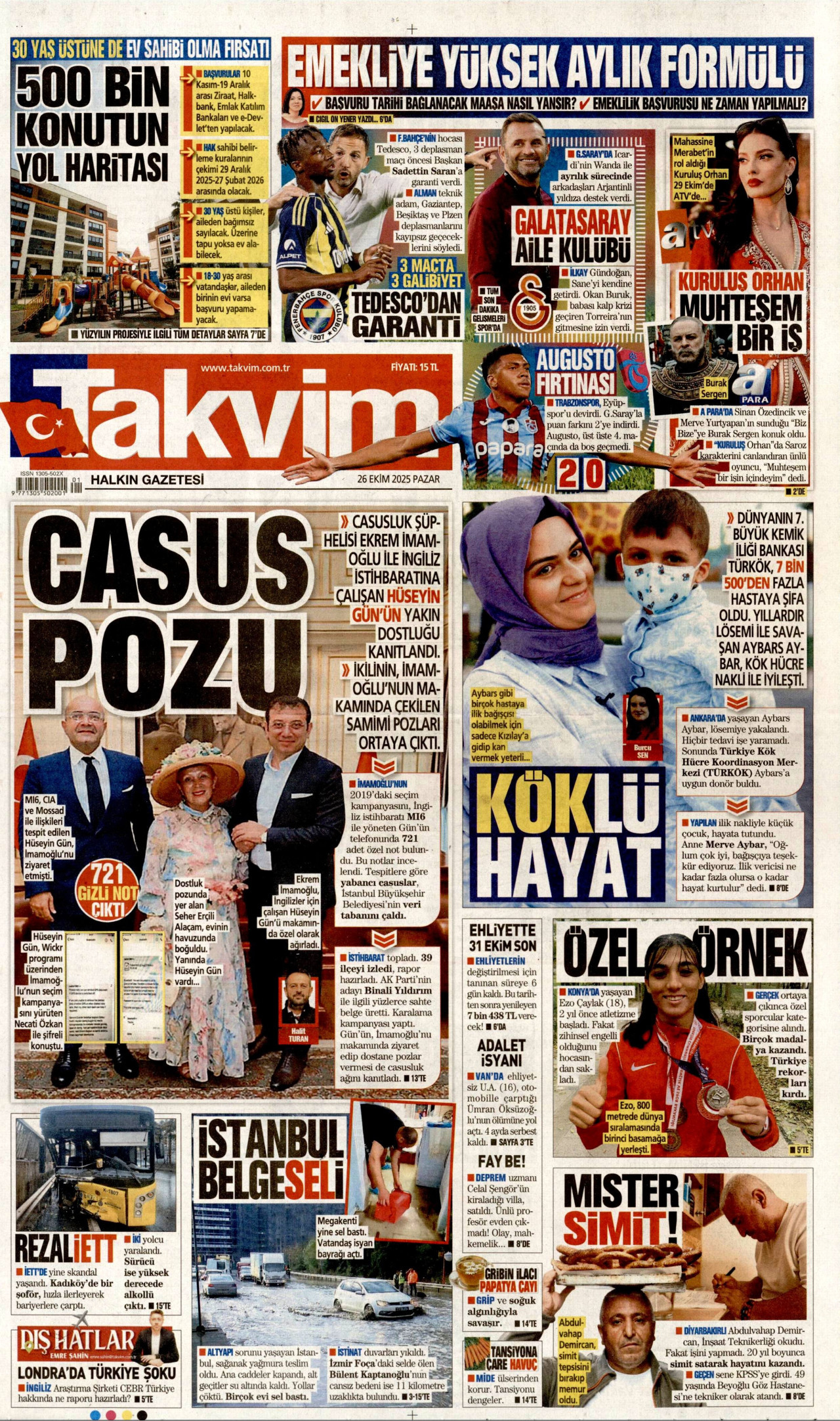 TAKVİM gazetesinin 26 Ekim 2025 tarihli birinci sayfası
