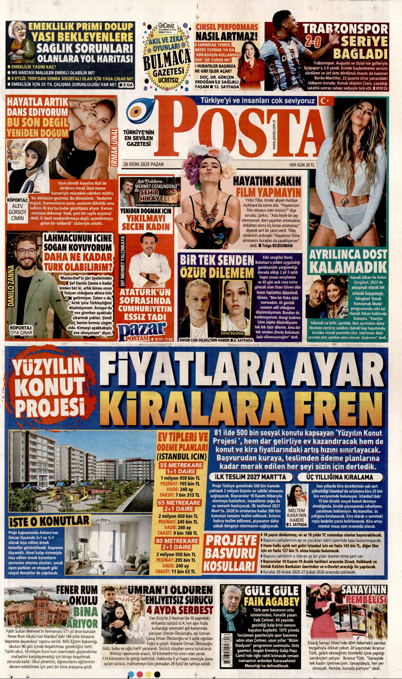 POSTA gazetesinin 26 Ekim 2025 tarihli birinci sayfası