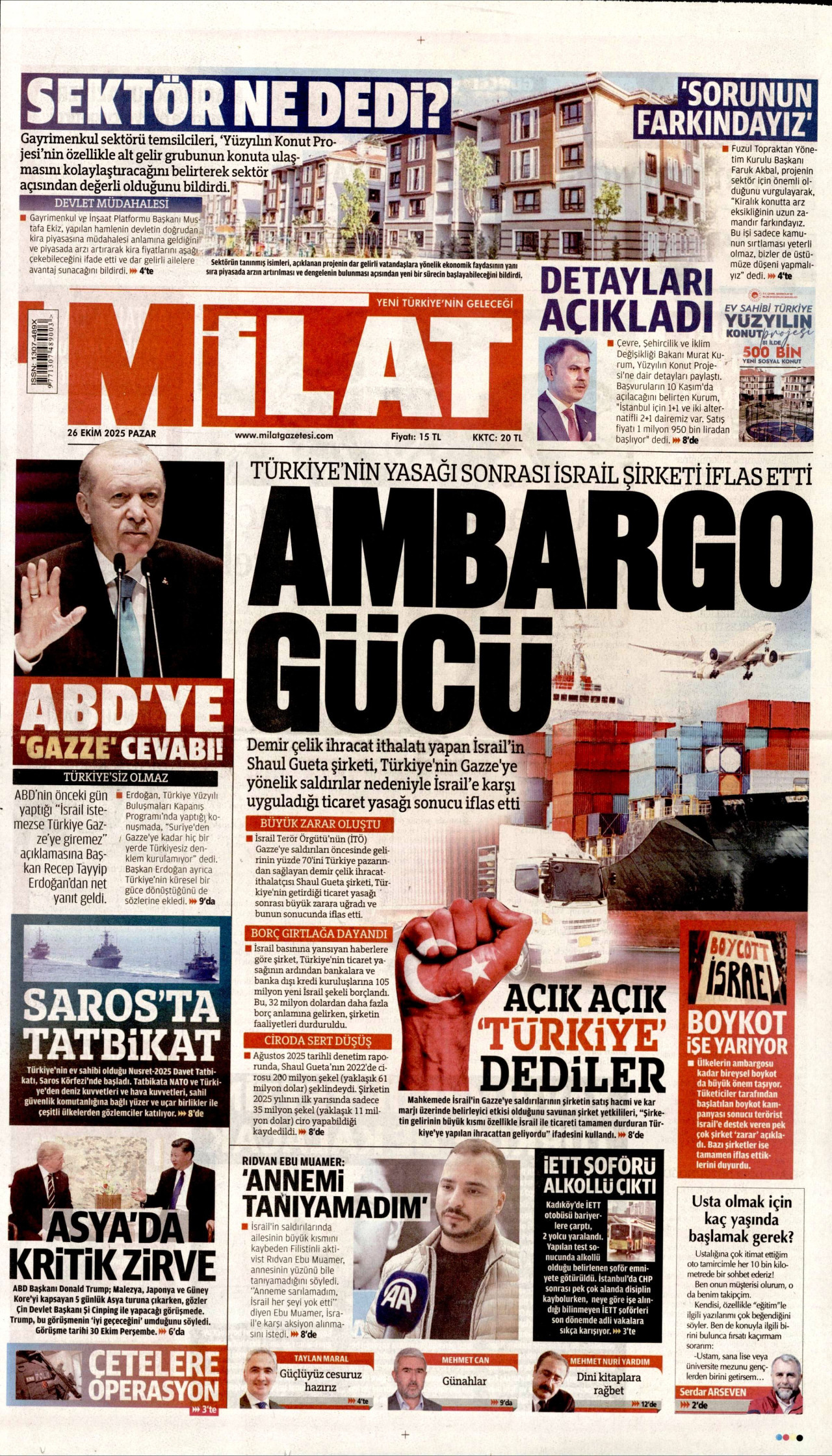 MİLAT gazetesinin 26 Ekim 2025 tarihli birinci sayfası