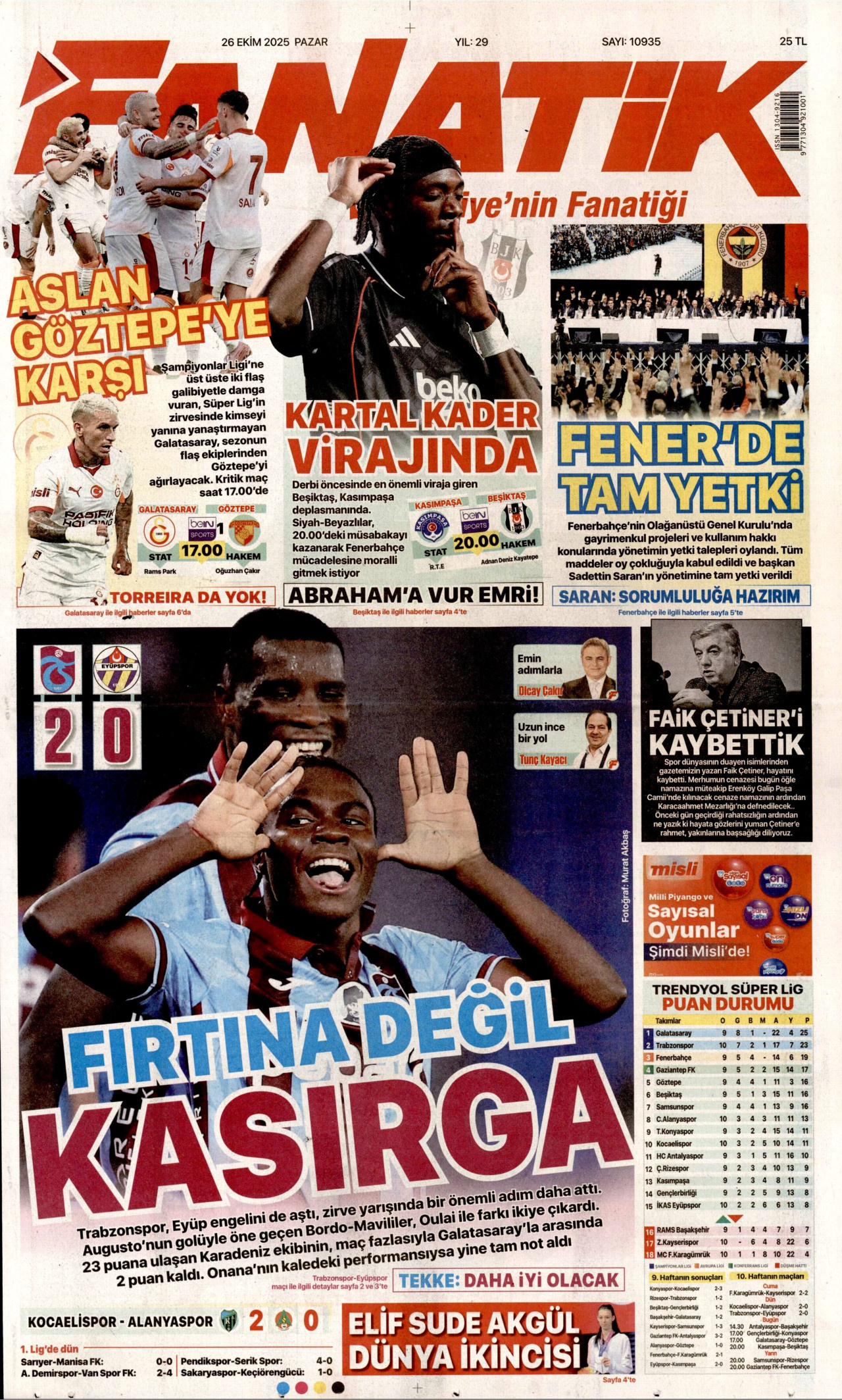 FANATİK gazetesinin 26 Ekim 2025 tarihli birinci sayfası