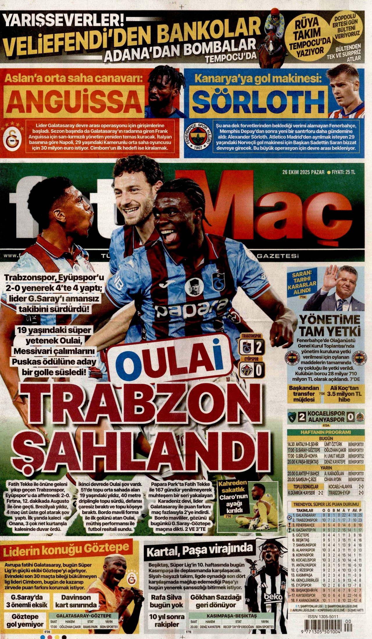 FOTOMAÇ gazetesinin 26 Ekim 2025 tarihli birinci sayfası