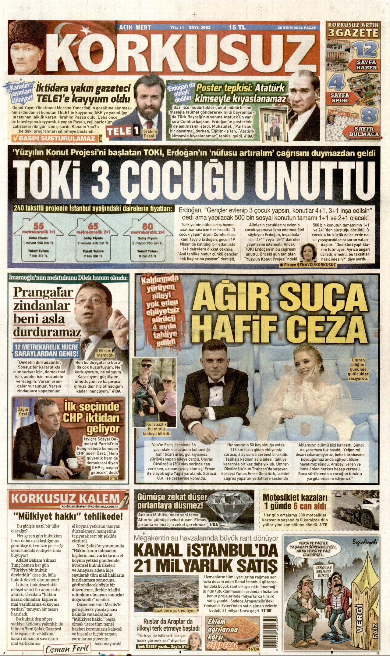 KORKUSUZ gazetesinin 26 Ekim 2025 tarihli birinci sayfası