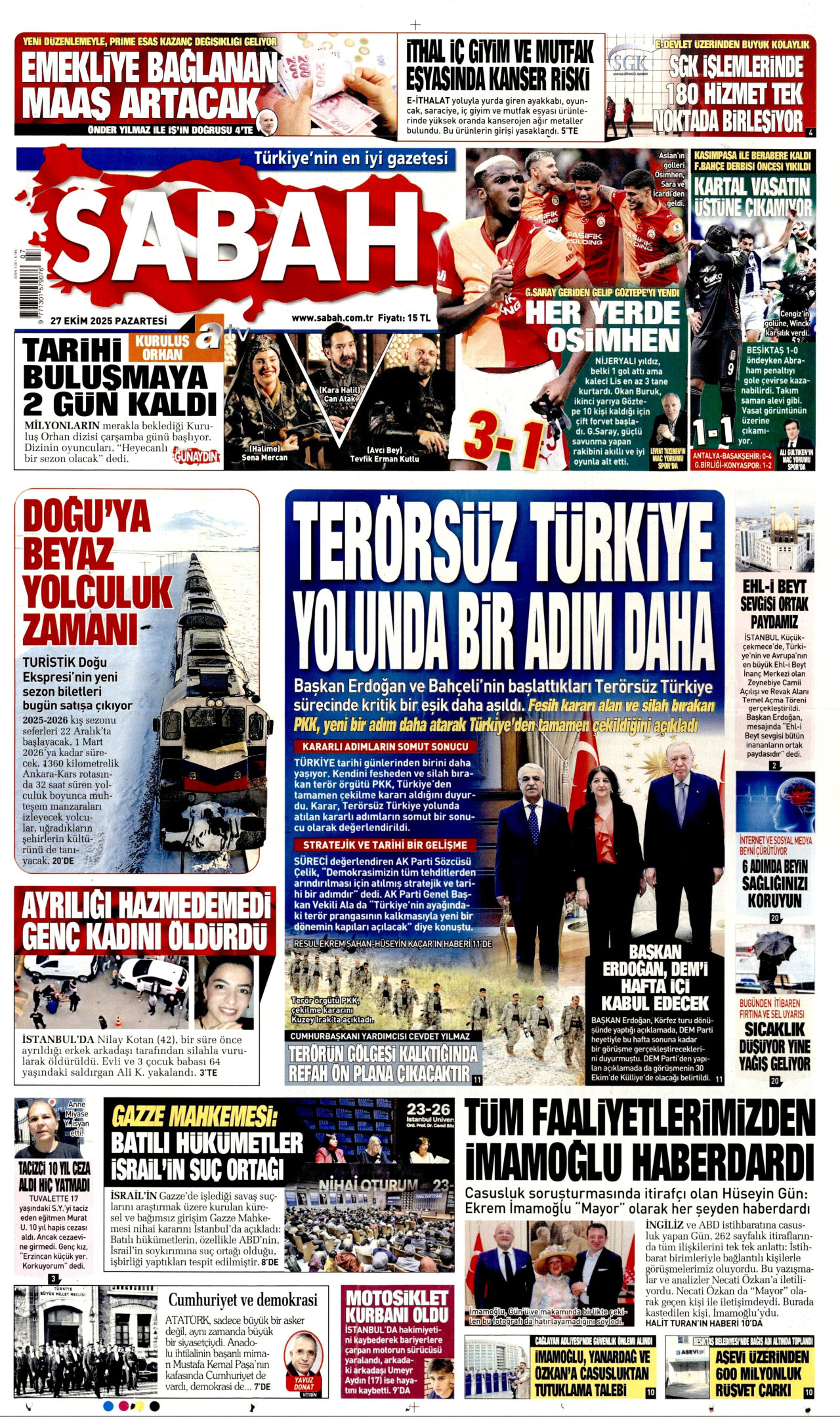 SABAH gazetesinin 27 Ekim 2025 tarihli birinci sayfası