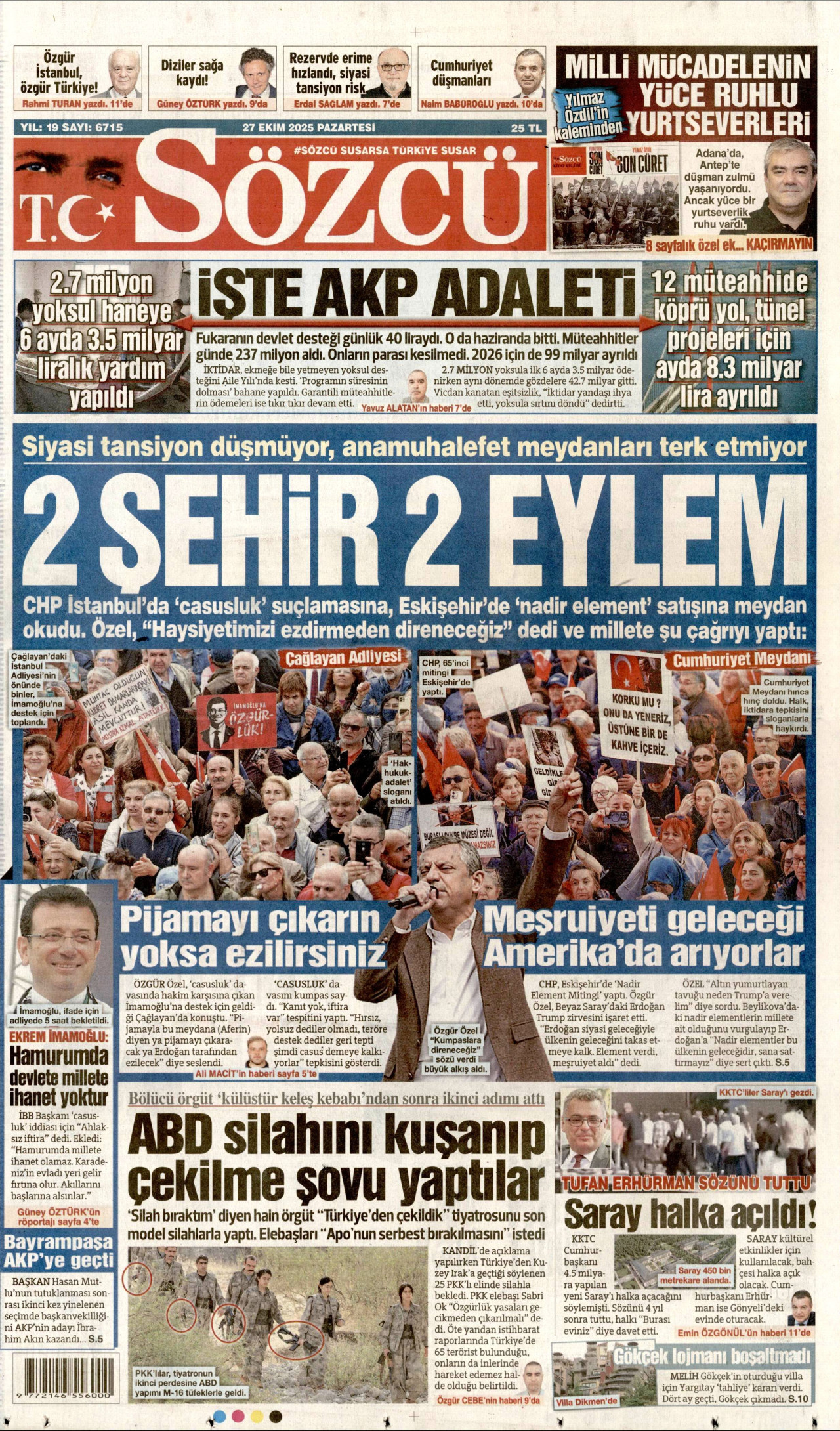 SÖZCÜ gazetesinin 27 Ekim 2025 tarihli birinci sayfası