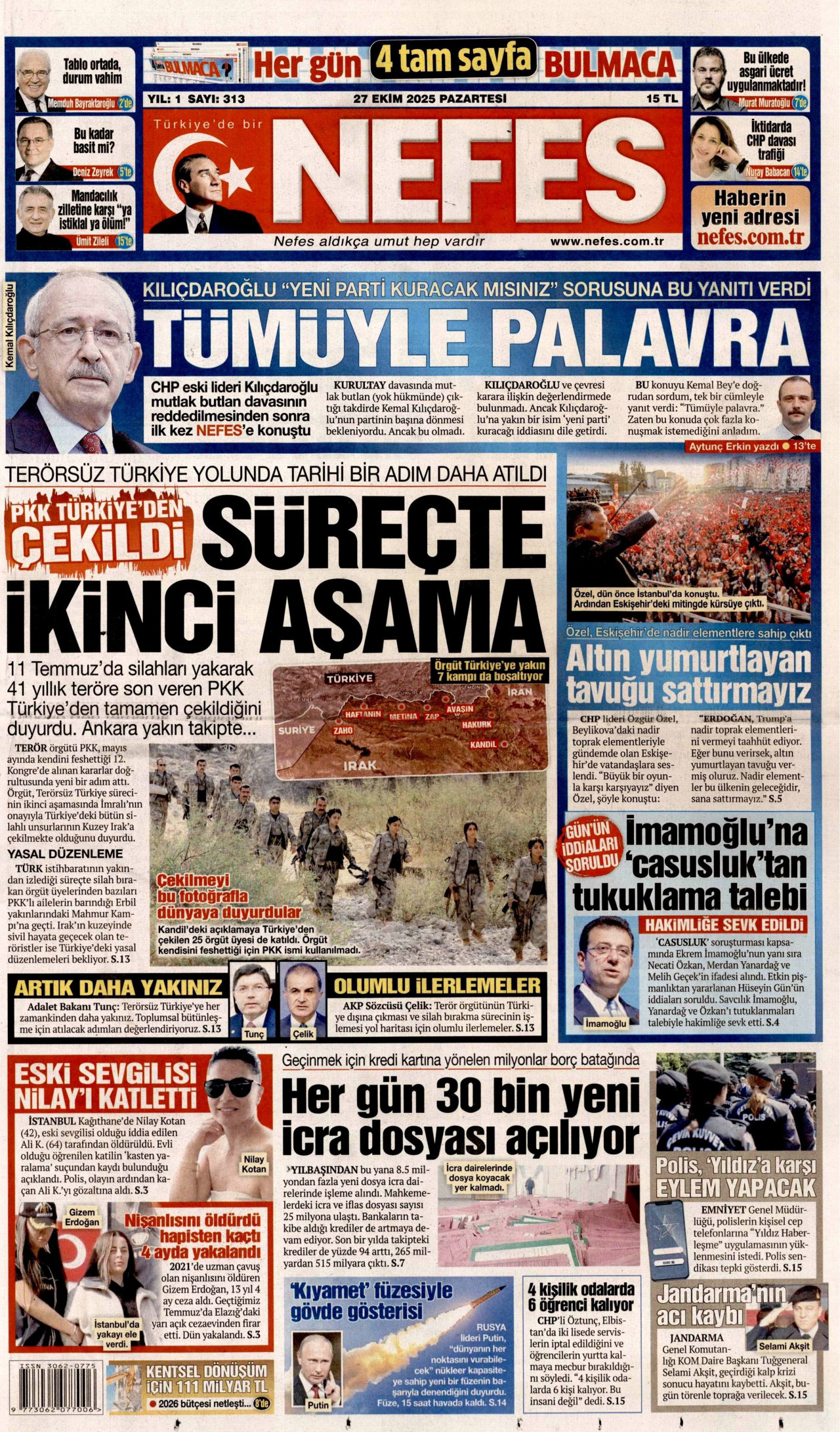 NEFES gazetesinin 27 Ekim 2025 tarihli birinci sayfası