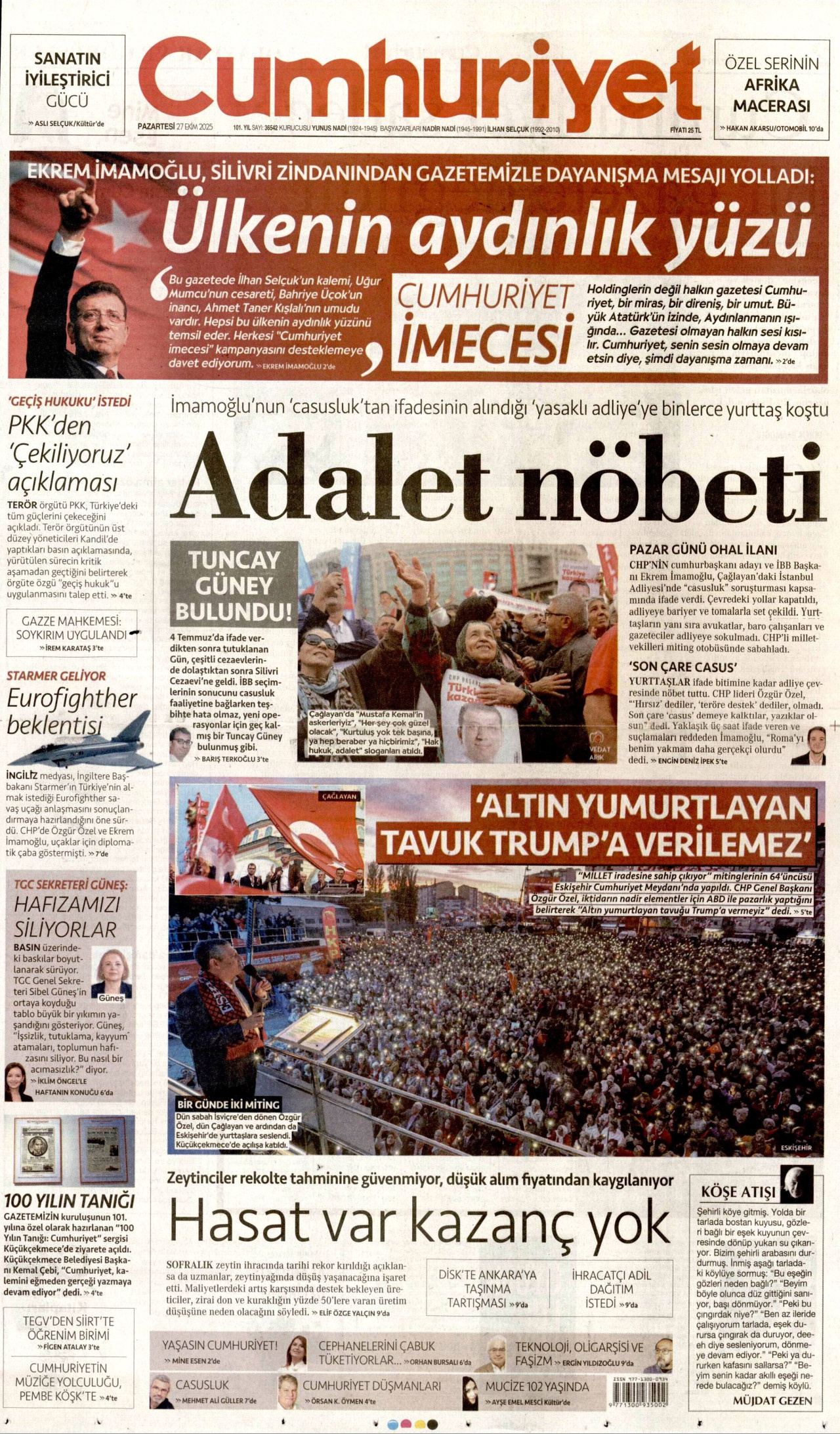 CUMHURİYET gazetesinin 27 Ekim 2025 tarihli birinci sayfası