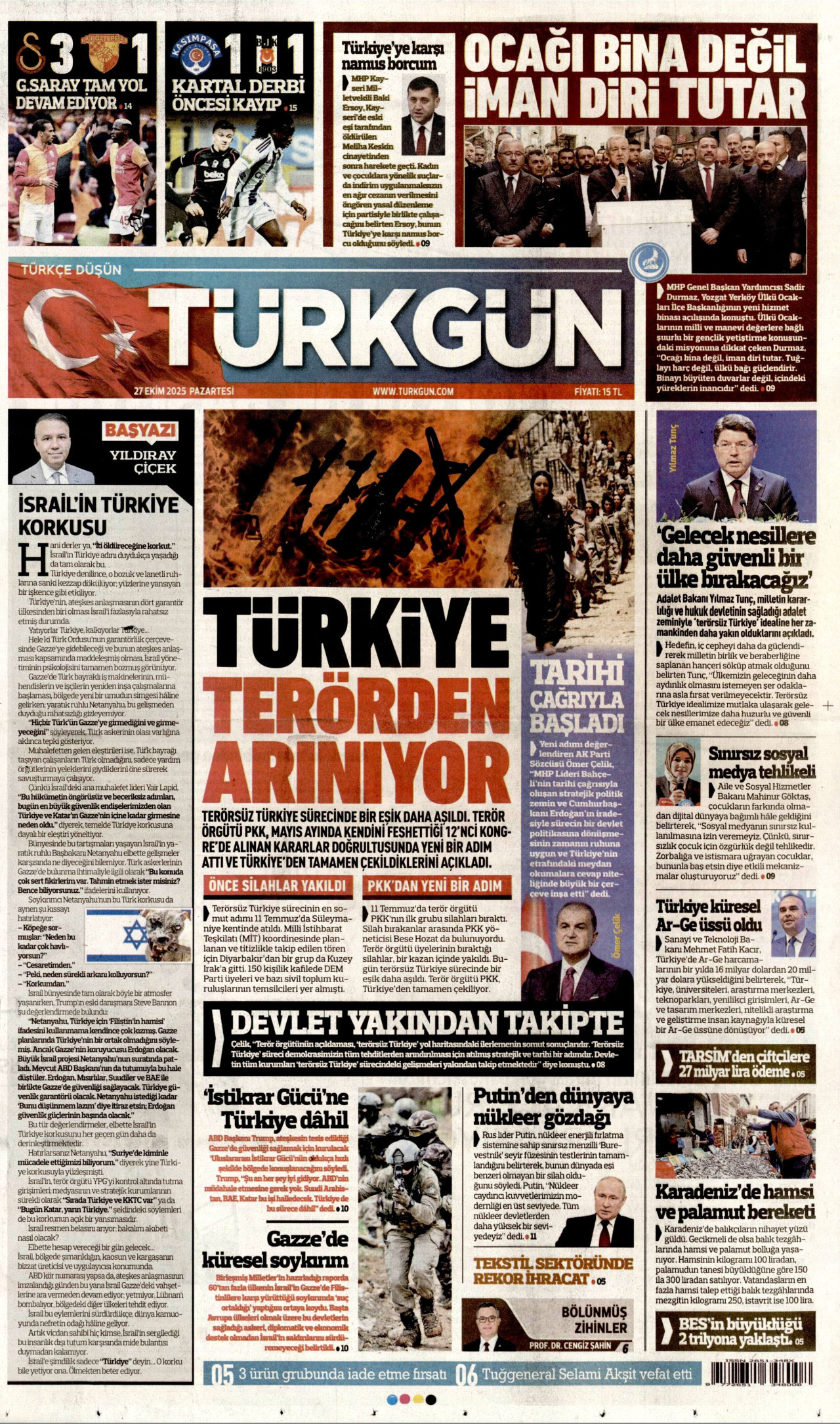 TÜRKGÜN gazetesinin 27 Ekim 2025 tarihli birinci sayfası