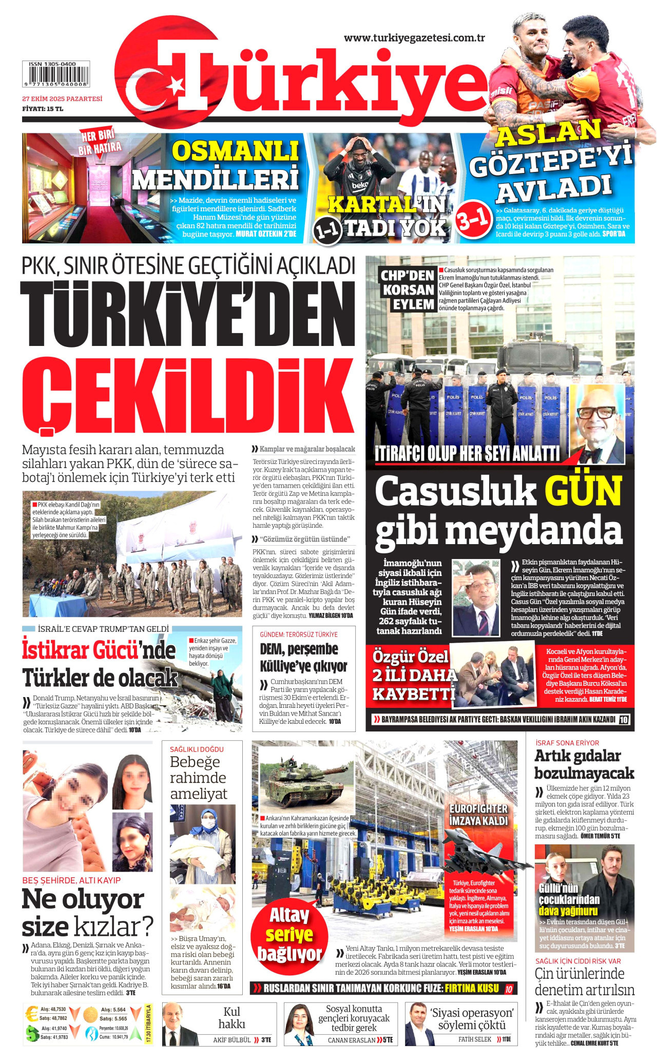 TÜRKİYE GAZETESİ gazetesinin 27 Ekim 2025 tarihli birinci sayfası