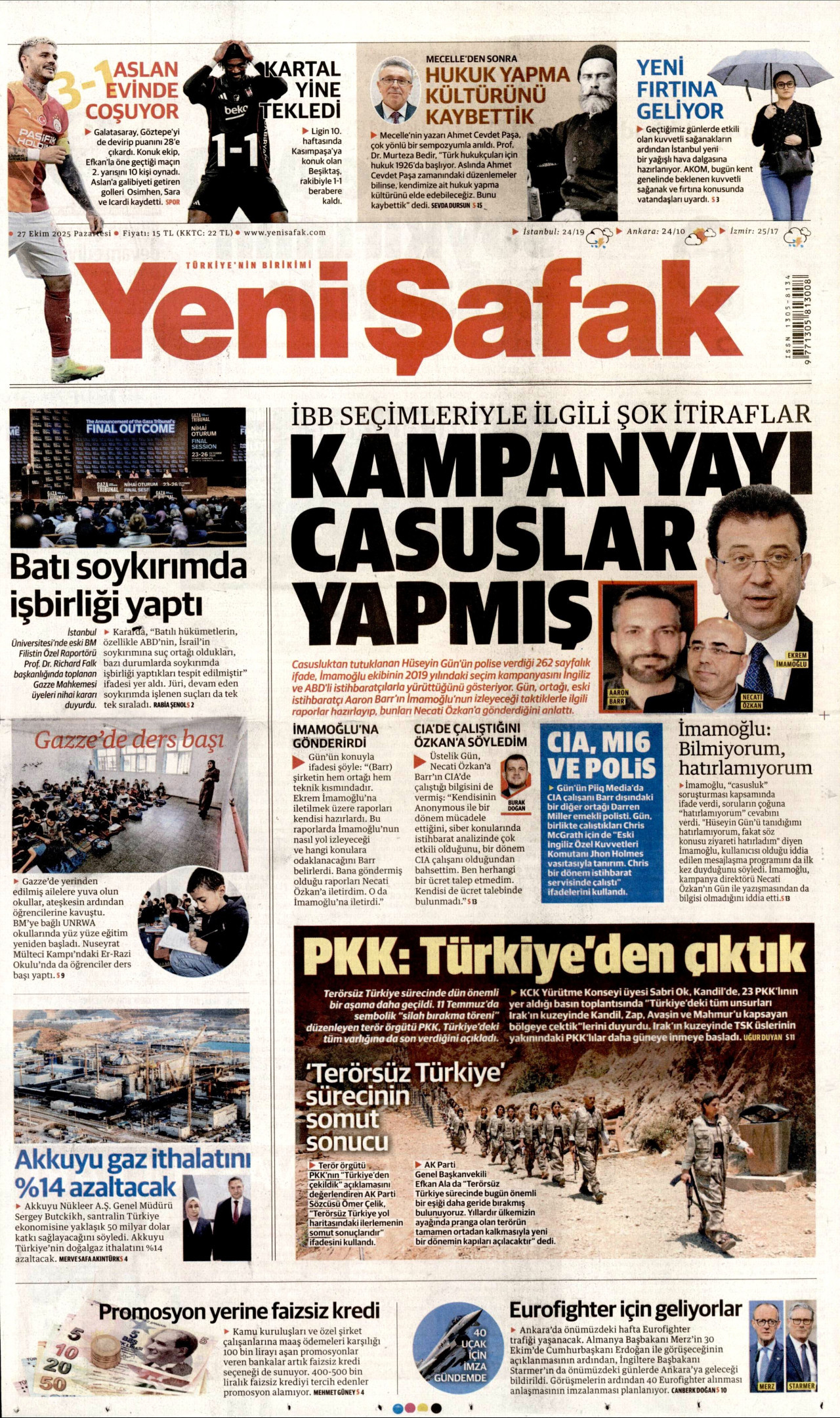 YENİ ŞAFAK gazetesinin 27 Ekim 2025 tarihli birinci sayfası