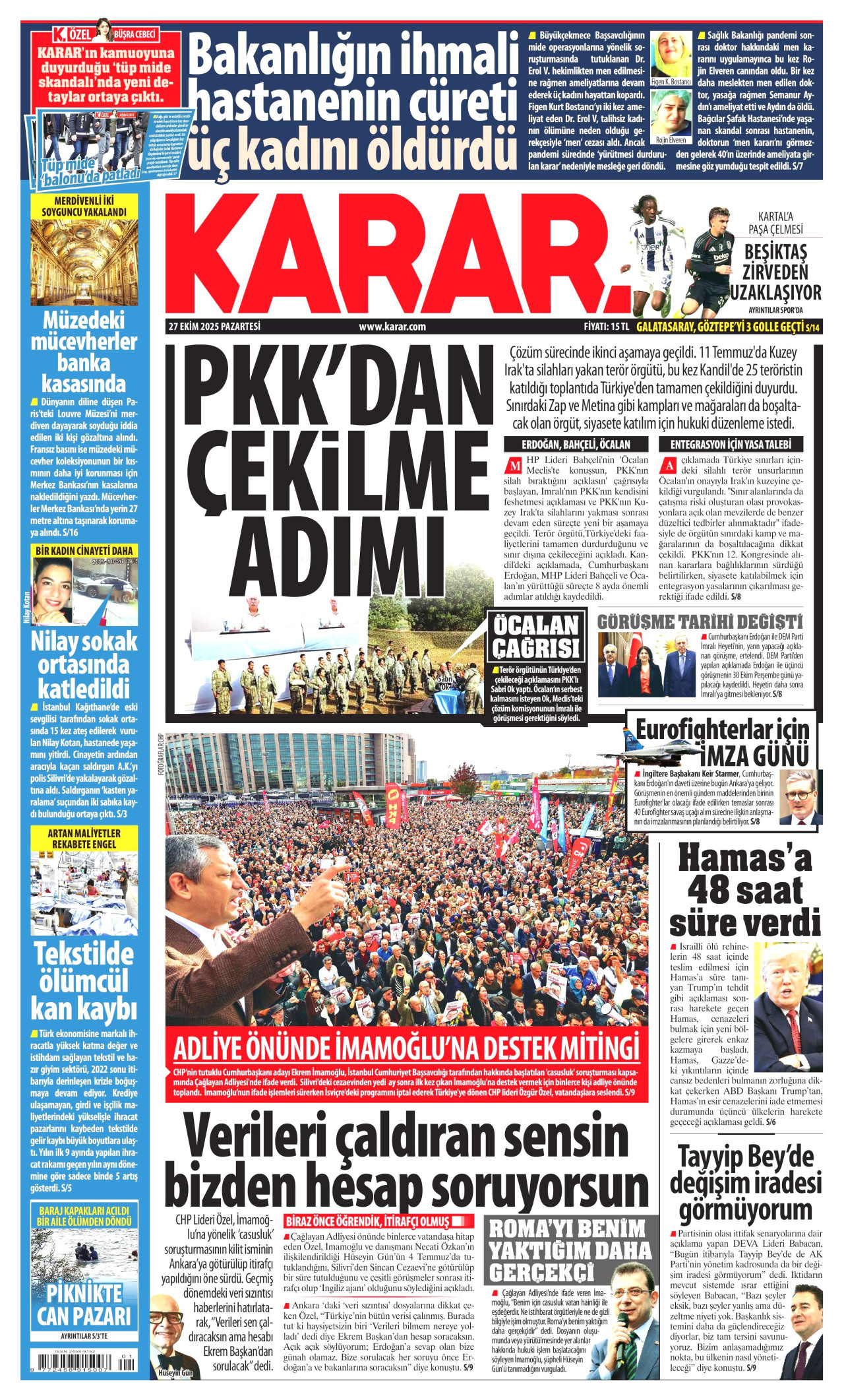 KARAR gazetesinin 27 Ekim 2025 tarihli birinci sayfası