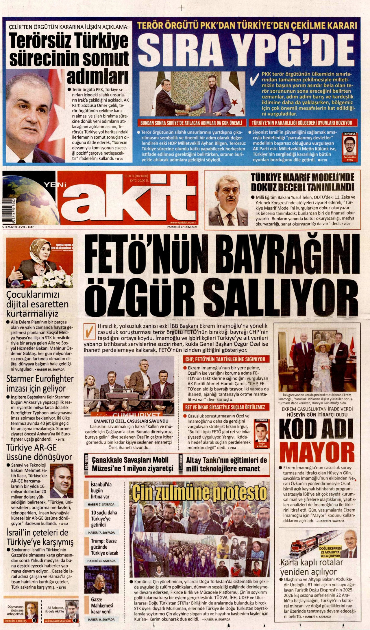 YENİ AKİT gazetesinin 27 Ekim 2025 tarihli birinci sayfası
