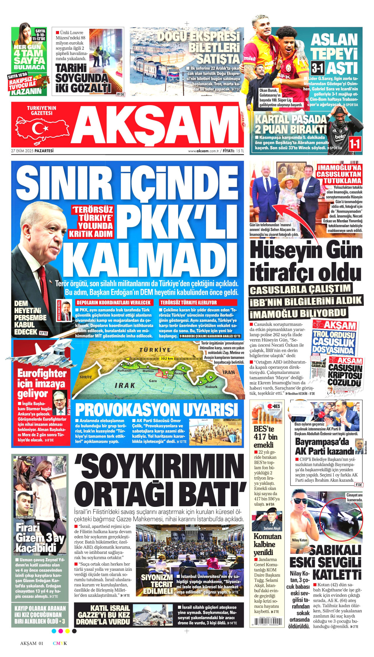 AKŞAM gazetesinin 27 Ekim 2025 tarihli birinci sayfası