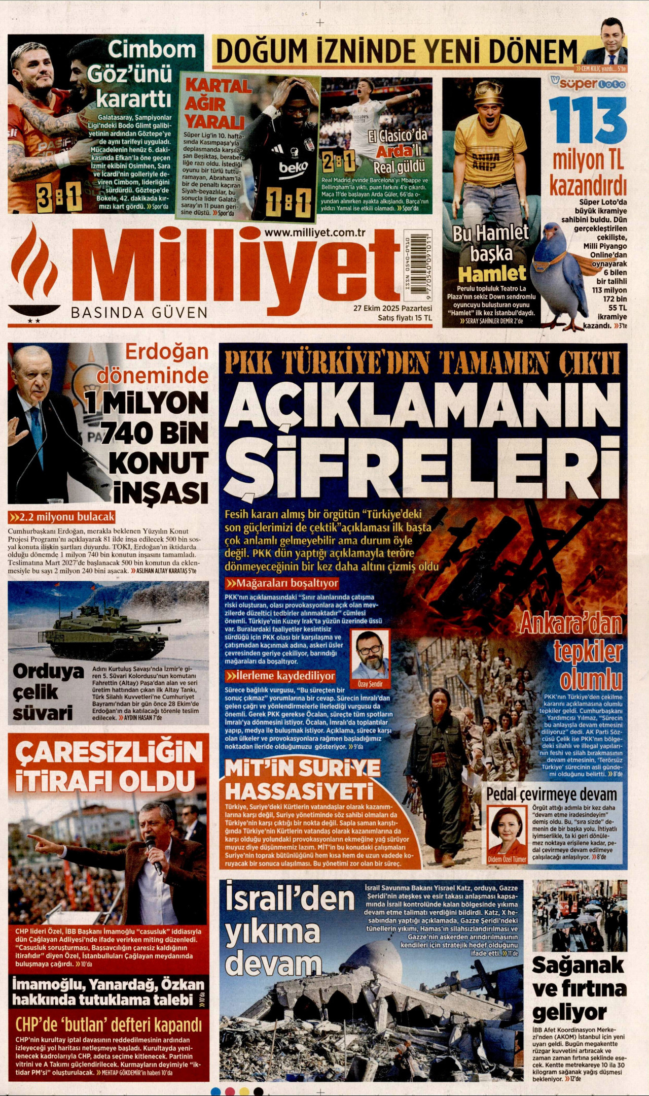 MİLLİYET gazetesinin 27 Ekim 2025 tarihli birinci sayfası
