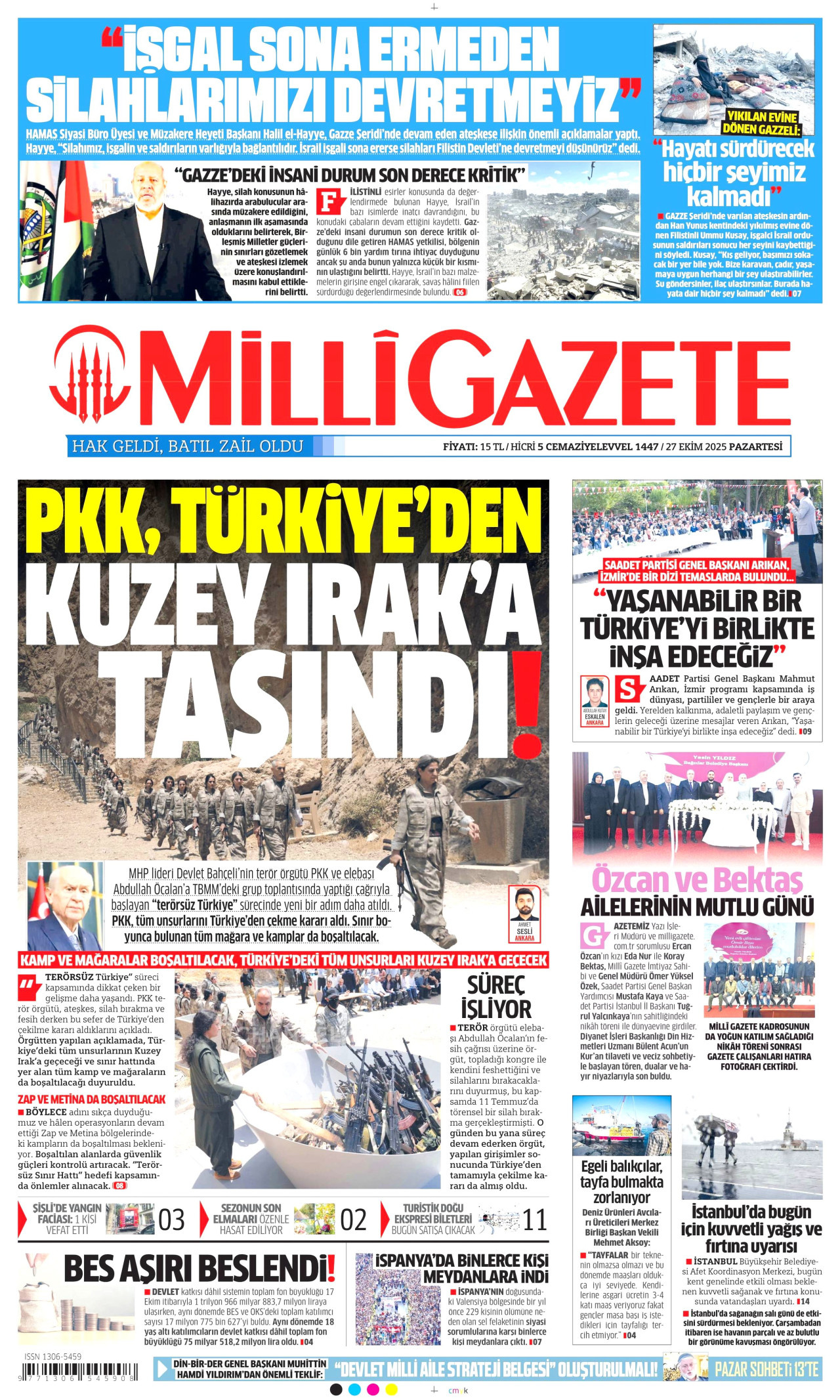 MİLLİ GAZETE gazetesinin 27 Ekim 2025 tarihli birinci sayfası