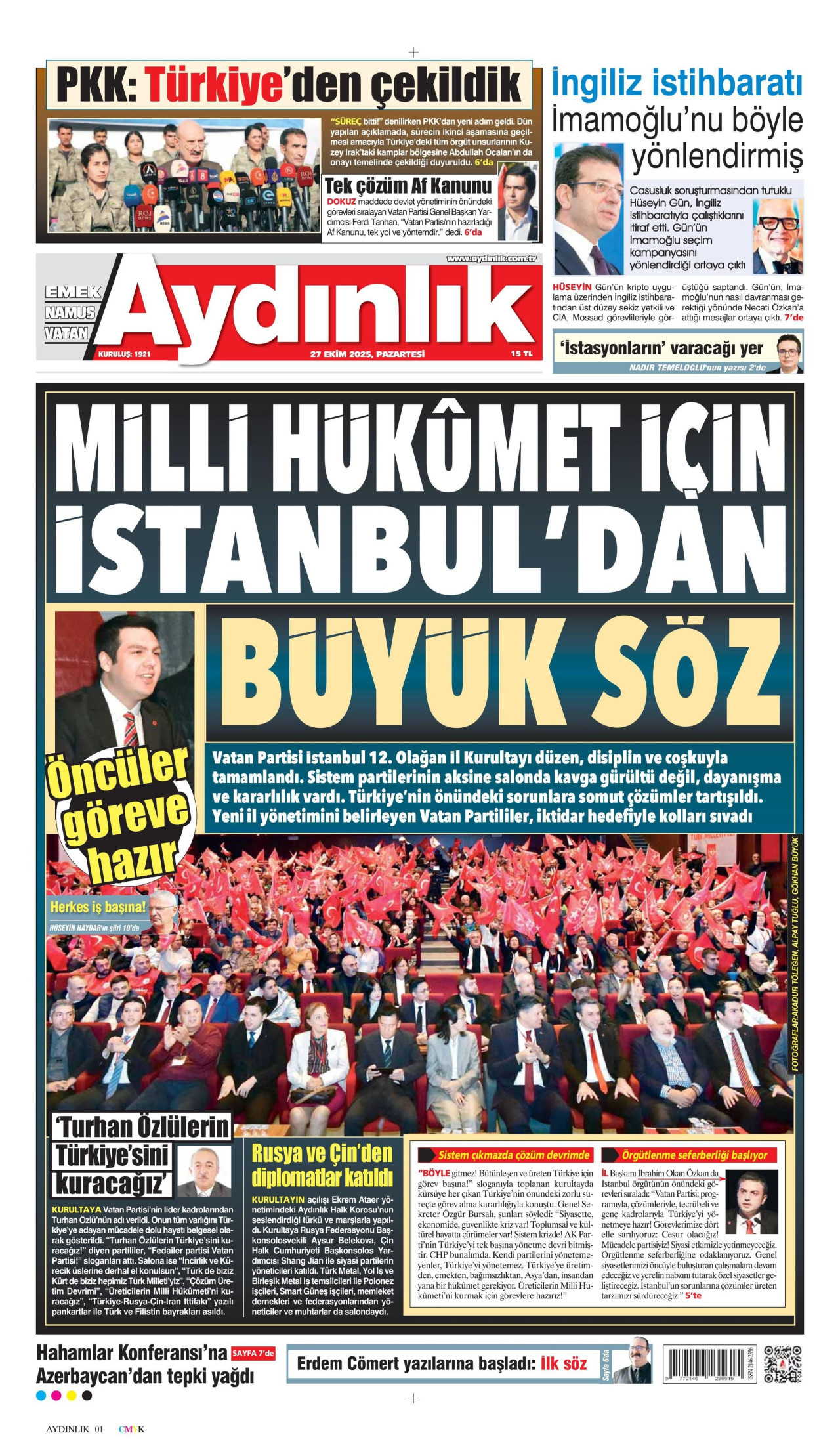 AYDINLIK GAZETESİ gazetesinin 27 Ekim 2025 tarihli birinci sayfası