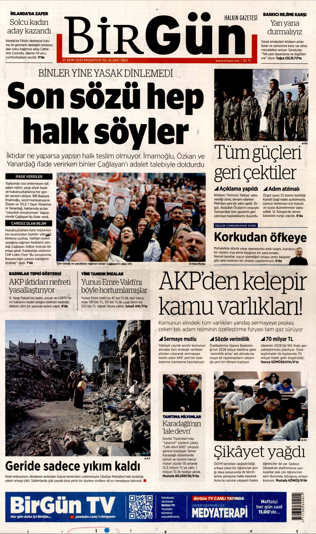 BİRGÜN gazetesinin 27 Ekim 2025 tarihli birinci sayfası