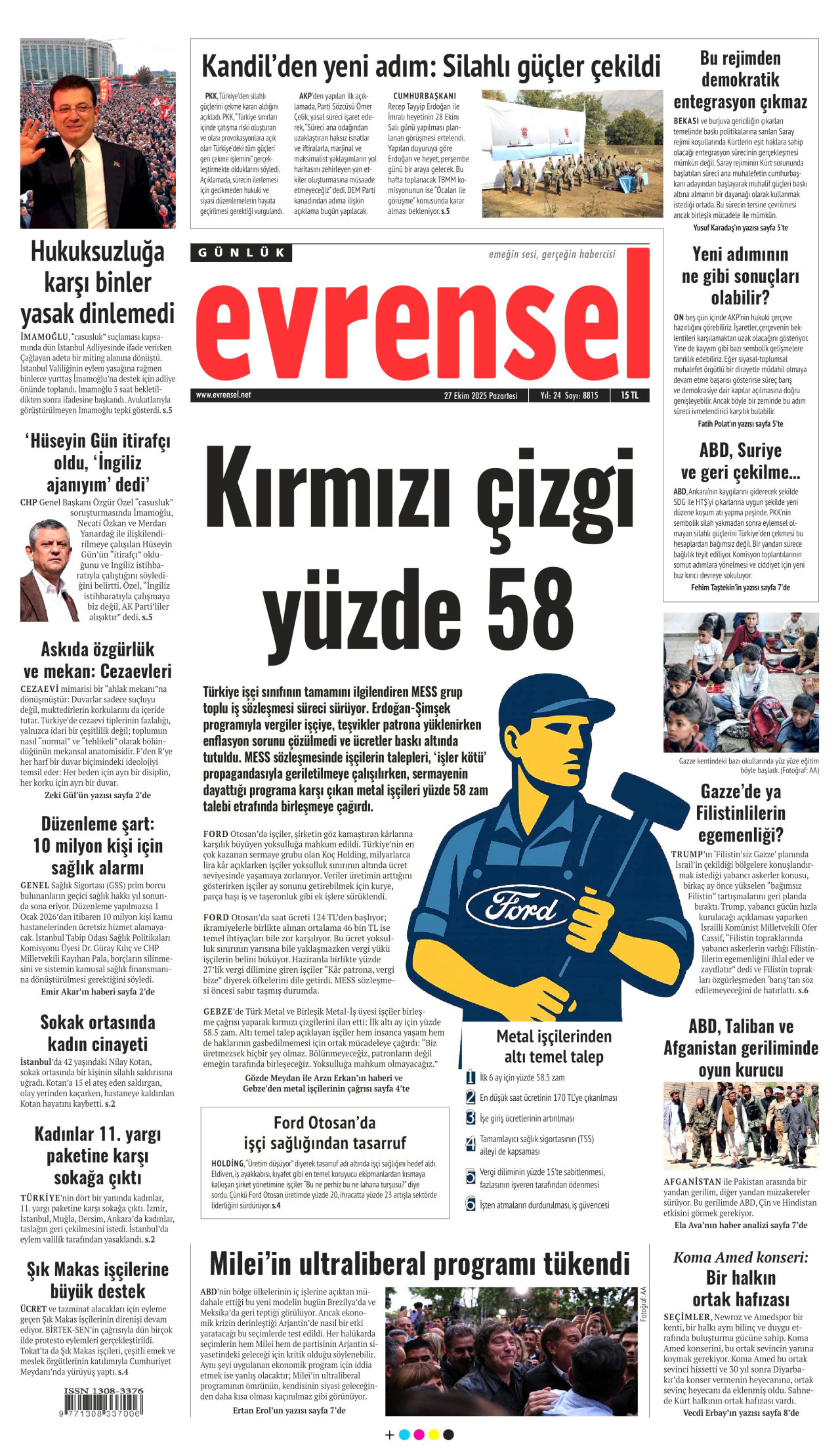 EVRENSEL gazetesinin 27 Ekim 2025 tarihli birinci sayfası