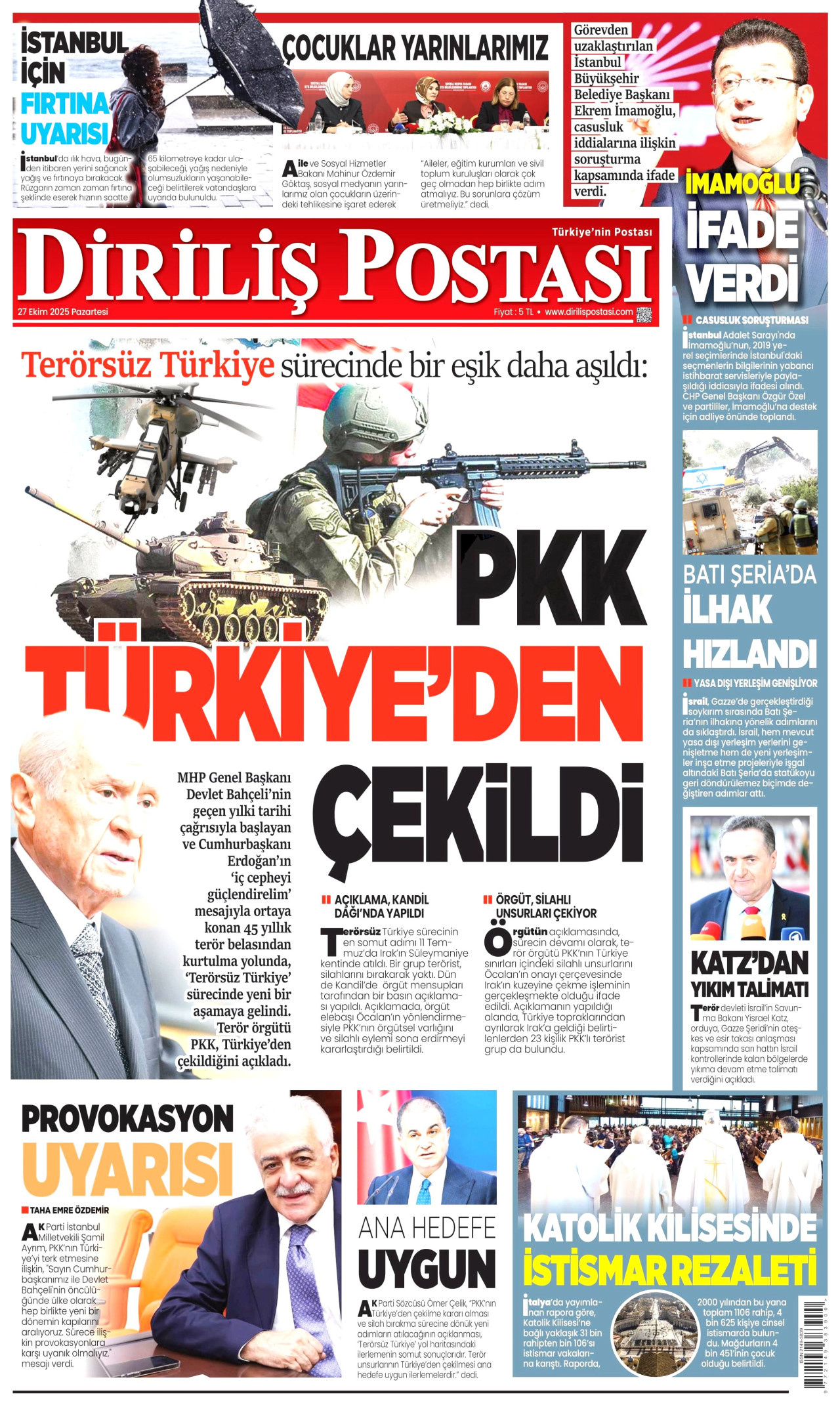 DİRİLİŞ POSTASI gazetesinin 27 Ekim 2025 tarihli birinci sayfası