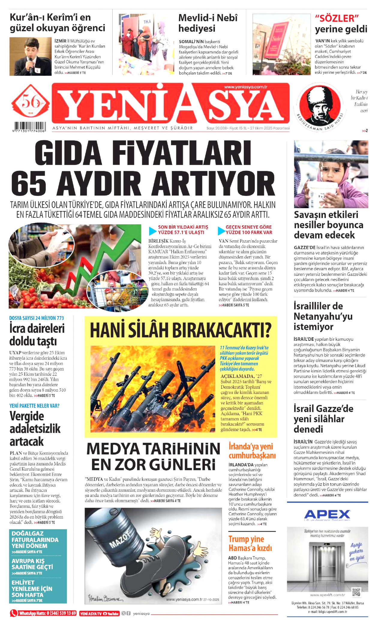 YENİ ASYA gazetesinin 27 Ekim 2025 tarihli birinci sayfası