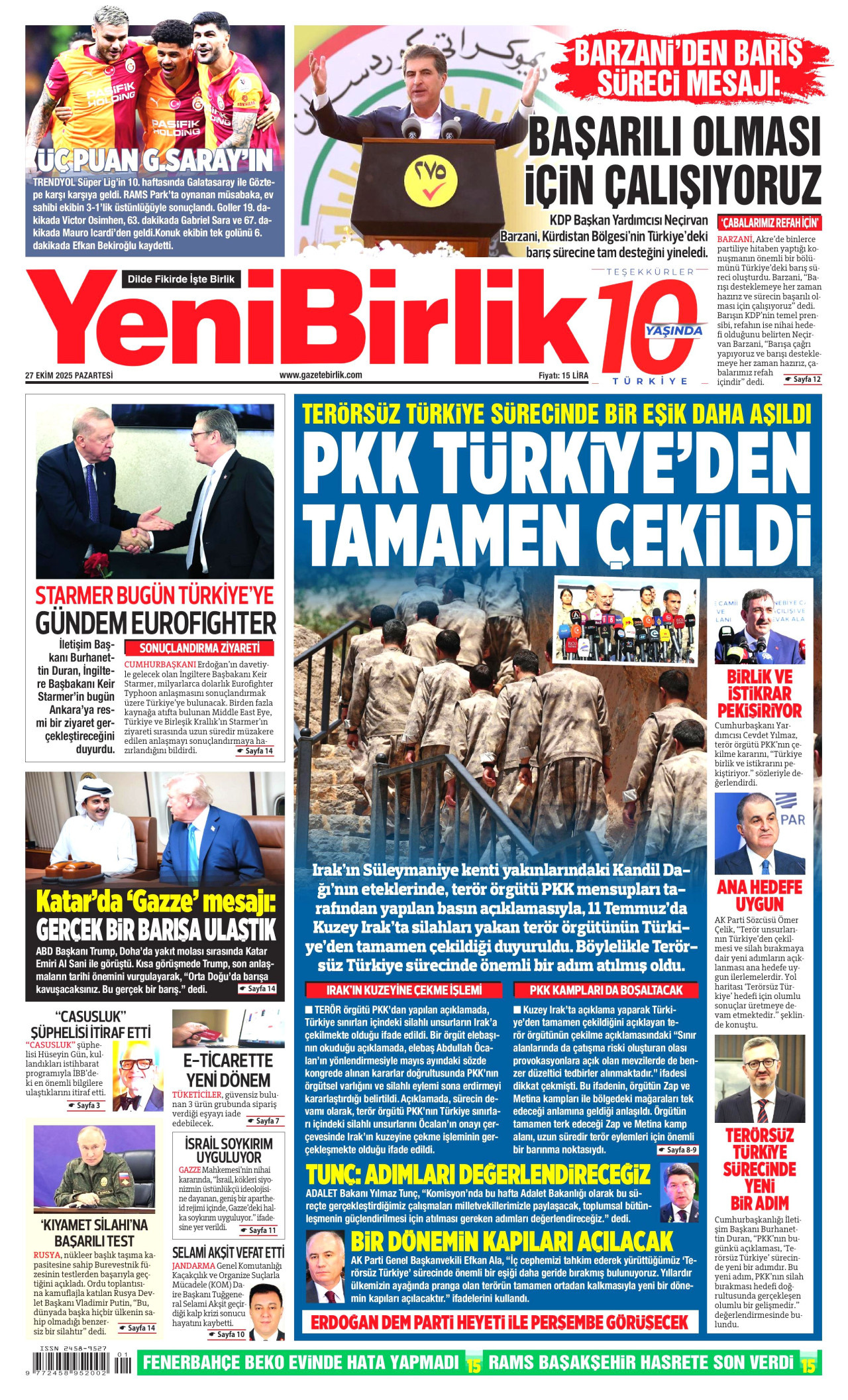 YENİBİRLİK gazetesinin 27 Ekim 2025 tarihli birinci sayfası