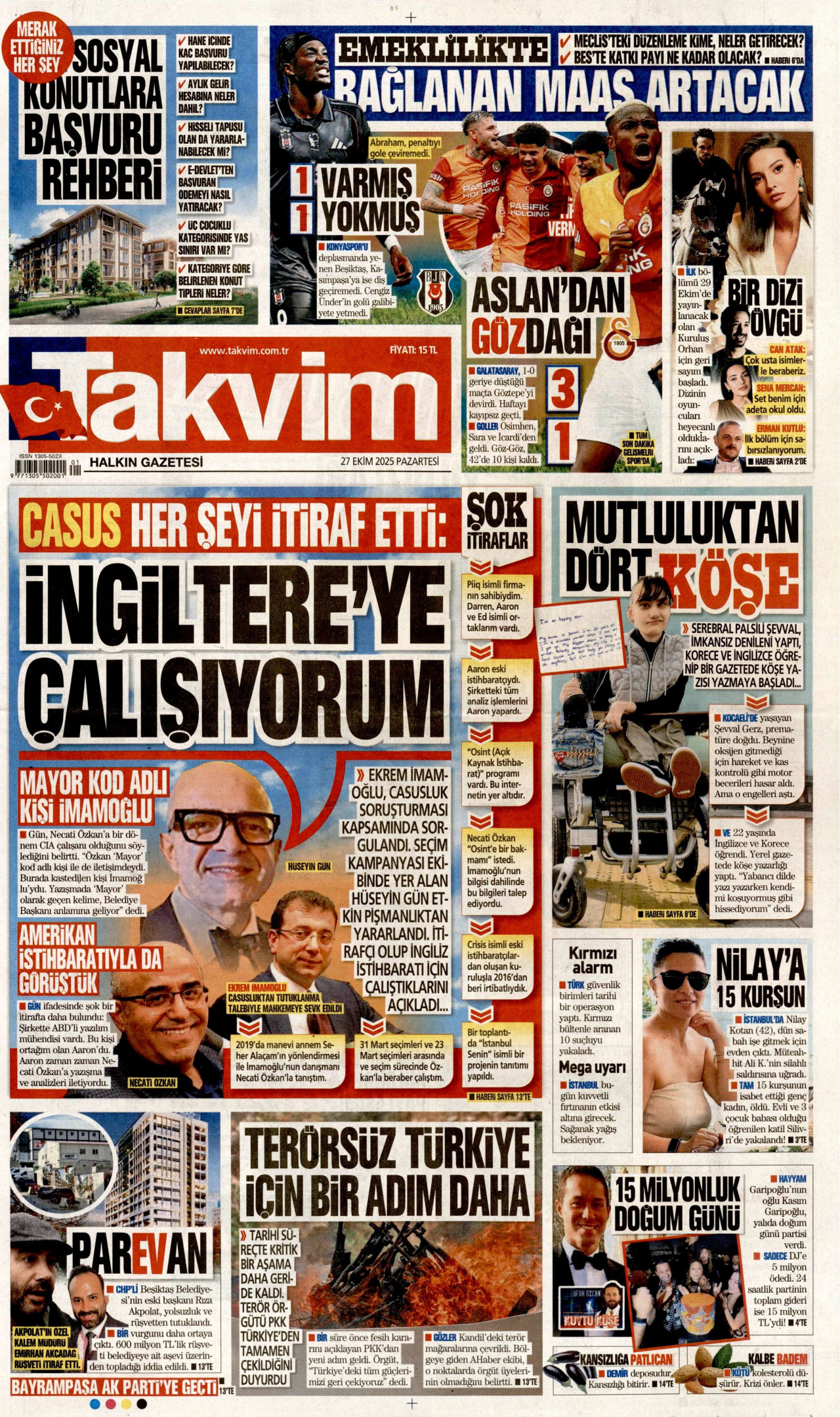 TAKVİM gazetesinin 27 Ekim 2025 tarihli birinci sayfası
