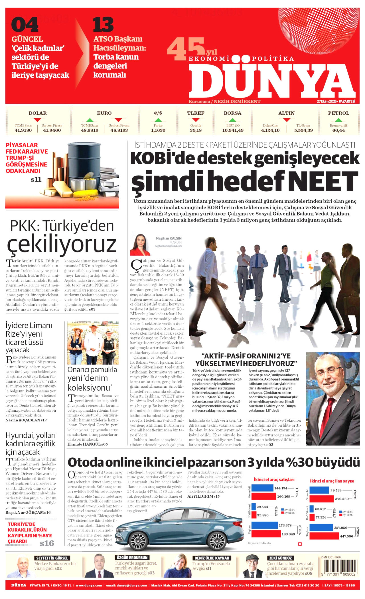 DÜNYA gazetesinin 27 Ekim 2025 tarihli birinci sayfası