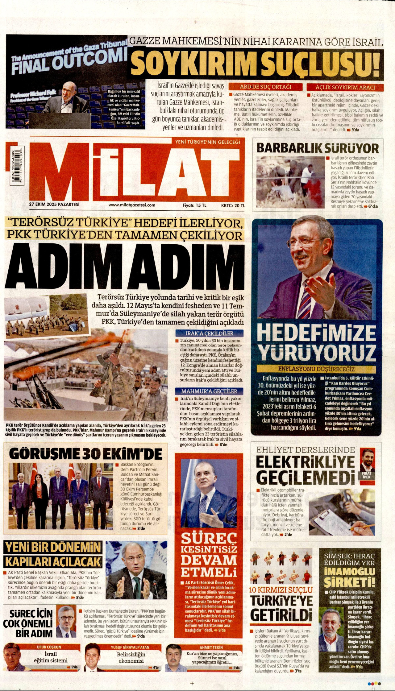 MİLAT gazetesinin 27 Ekim 2025 tarihli birinci sayfası