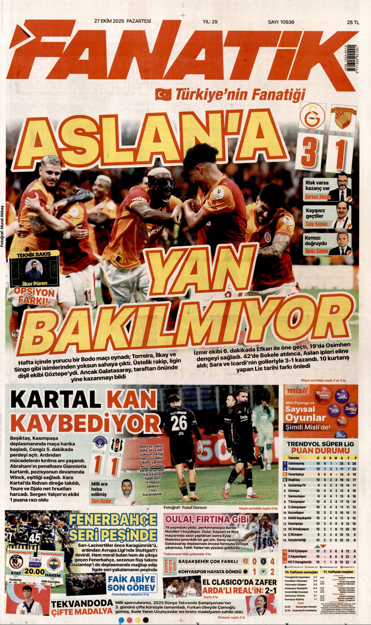 FANATİK gazetesinin 27 Ekim 2025 tarihli birinci sayfası