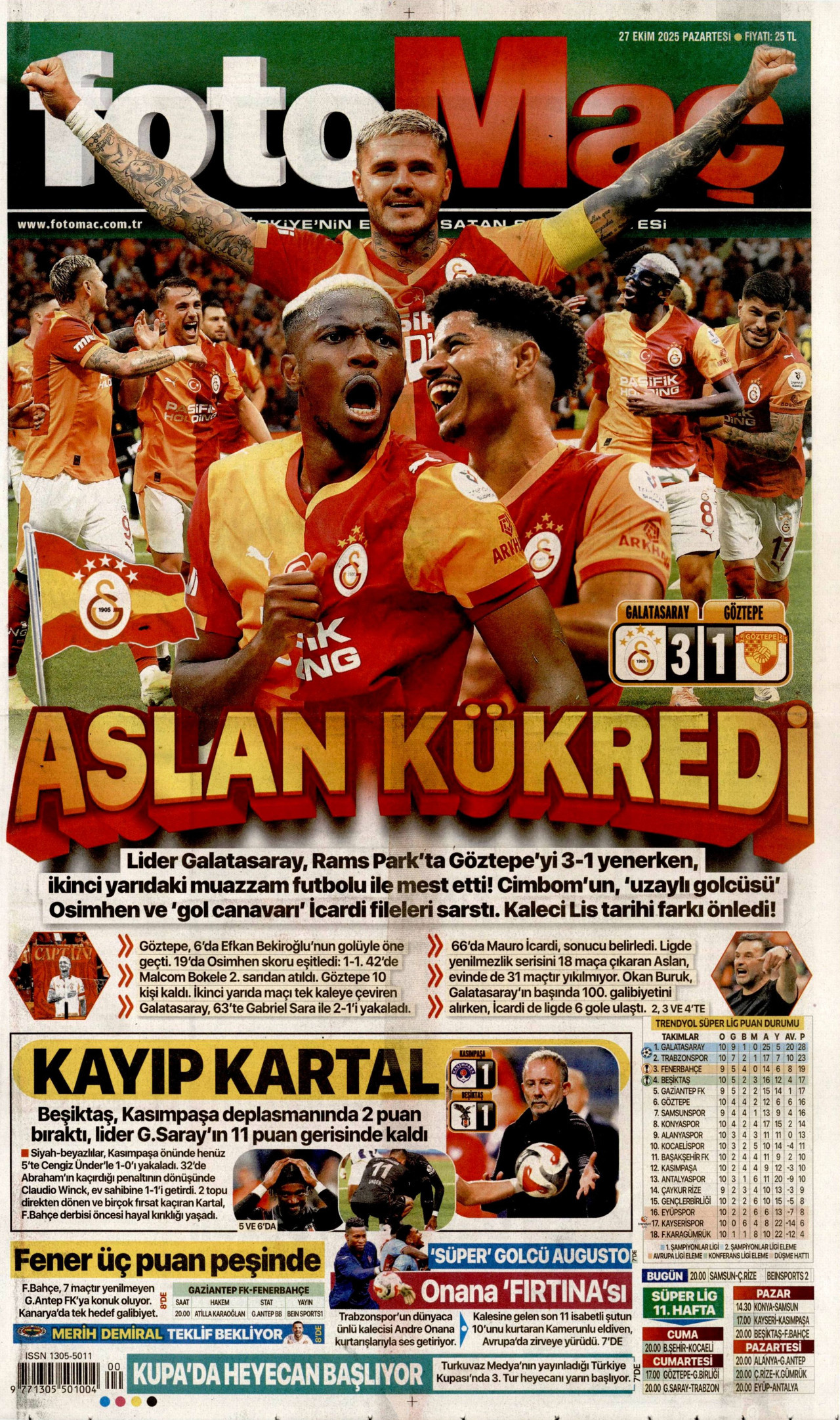 FOTOMAÇ gazetesinin 27 Ekim 2025 tarihli birinci sayfası