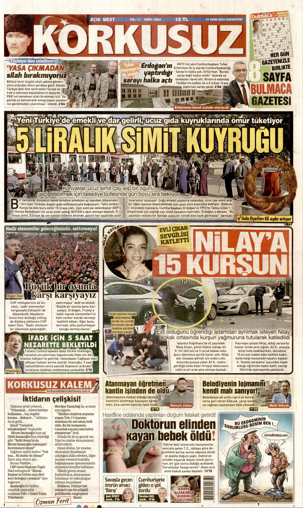 KORKUSUZ gazetesinin 27 Ekim 2025 tarihli birinci sayfası