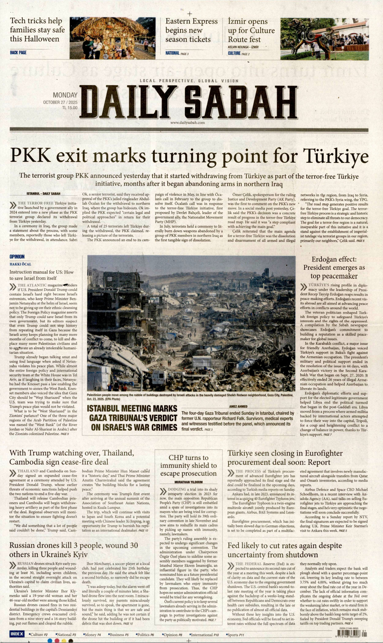 DAİLY SABAH gazetesinin 27 Ekim 2025 tarihli birinci sayfası