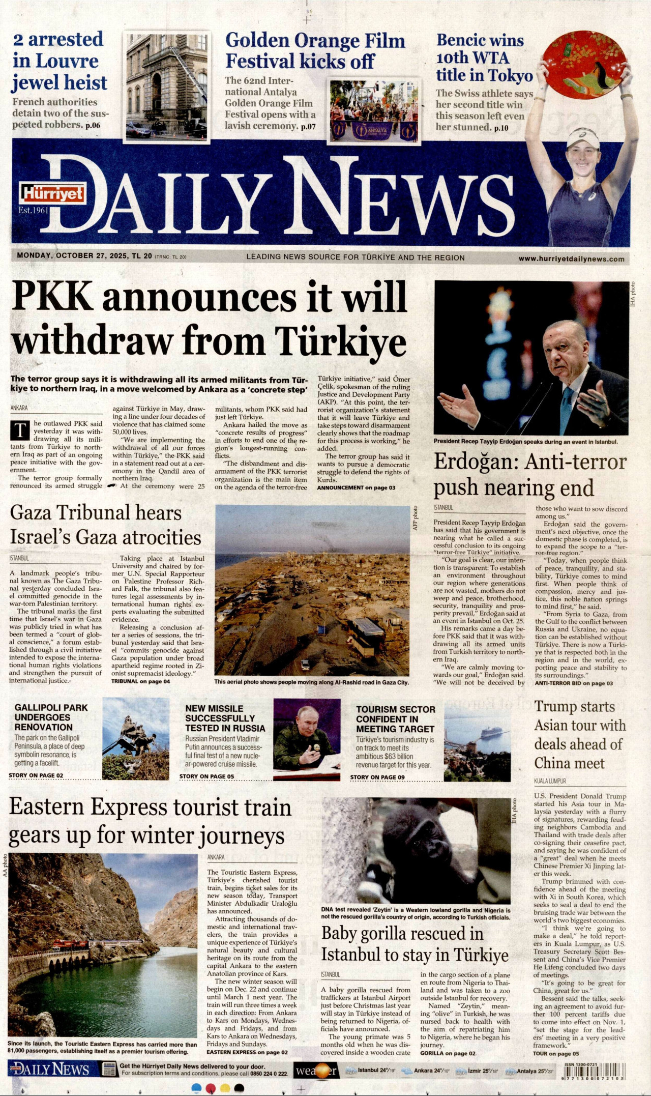 HÜRRİYET DAİLY NEWS gazetesinin 27 Ekim 2025 tarihli birinci sayfası