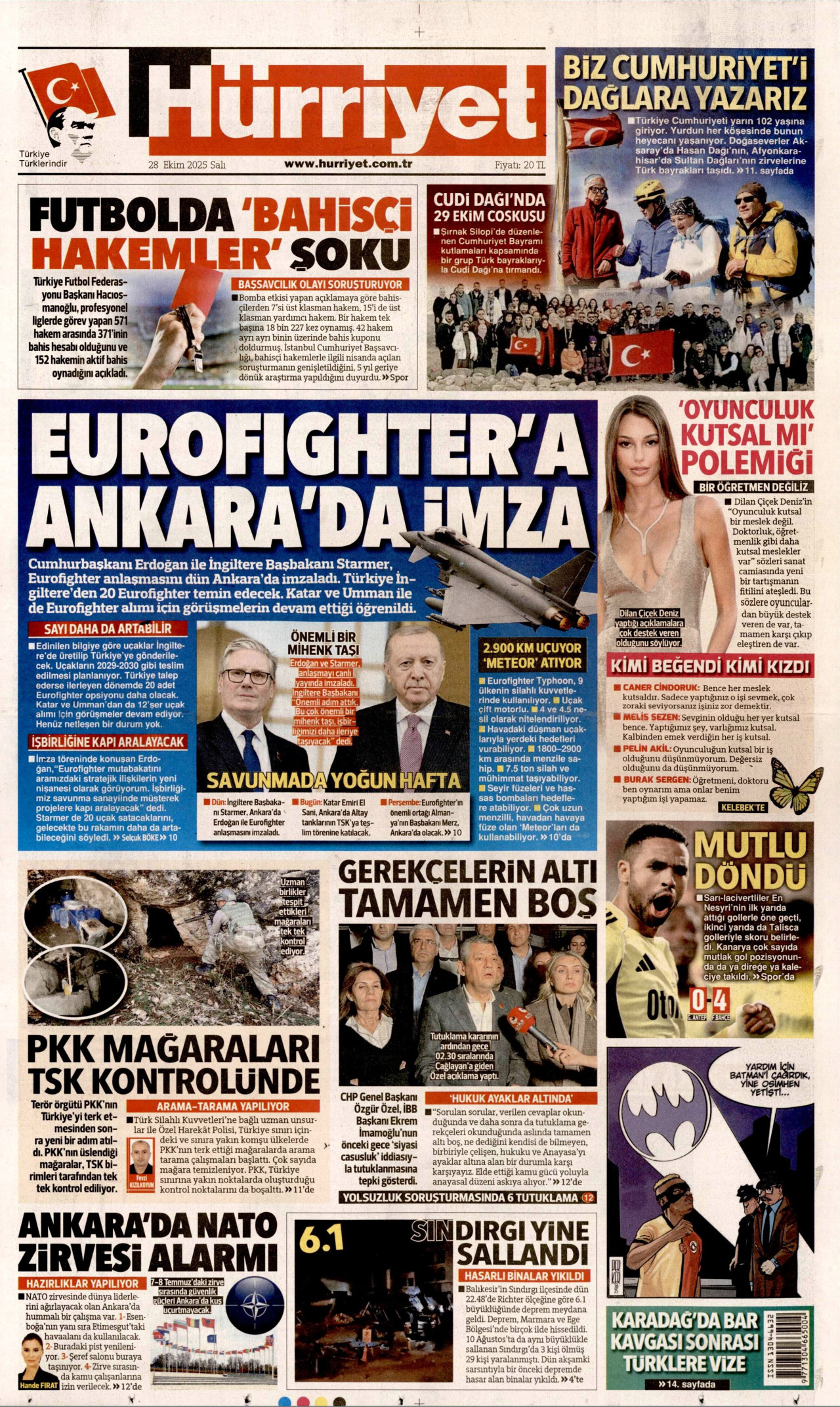 HÜRRİYET gazetesinin 28 Ekim 2025 tarihli birinci sayfası