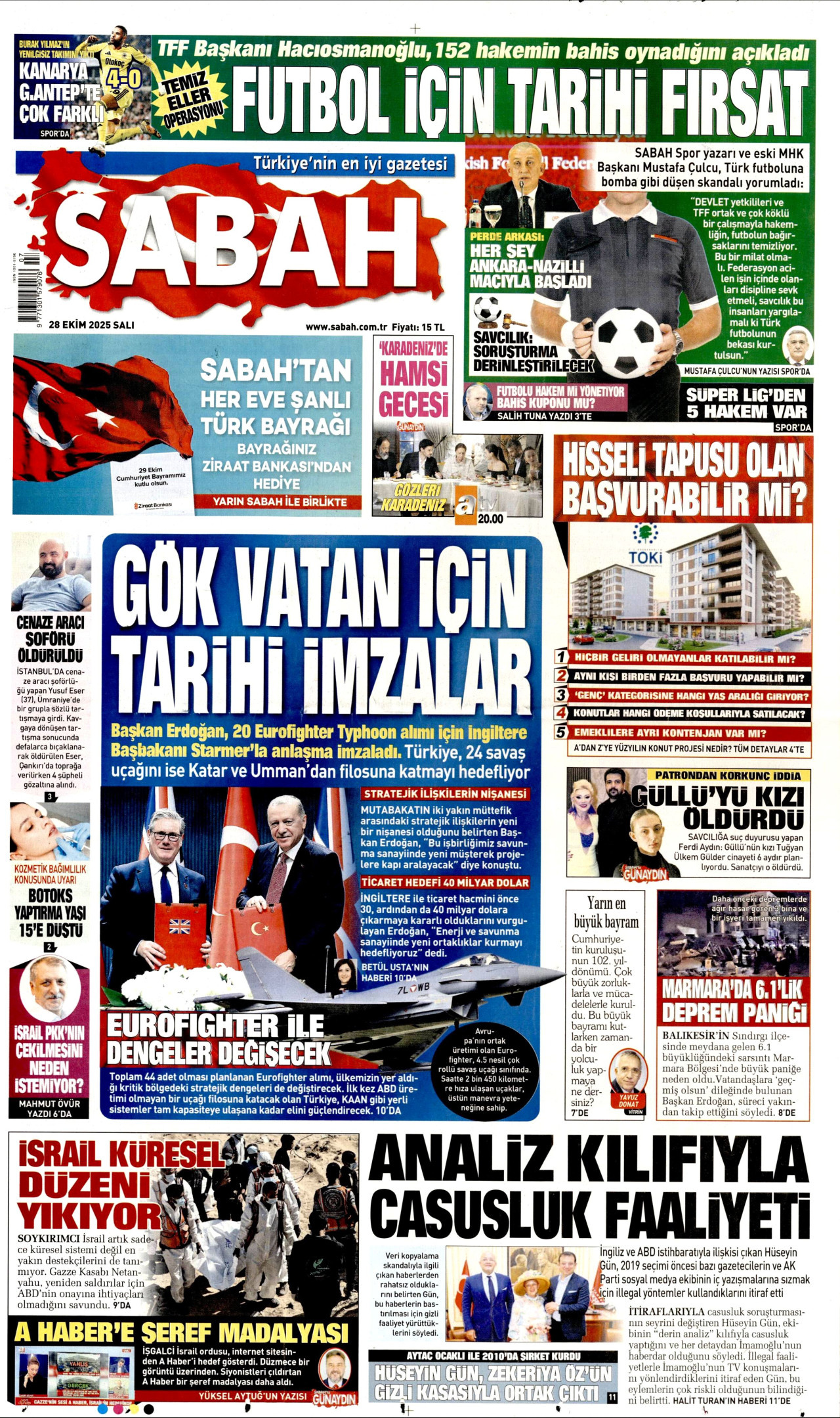 SABAH gazetesinin 28 Ekim 2025 tarihli birinci sayfası