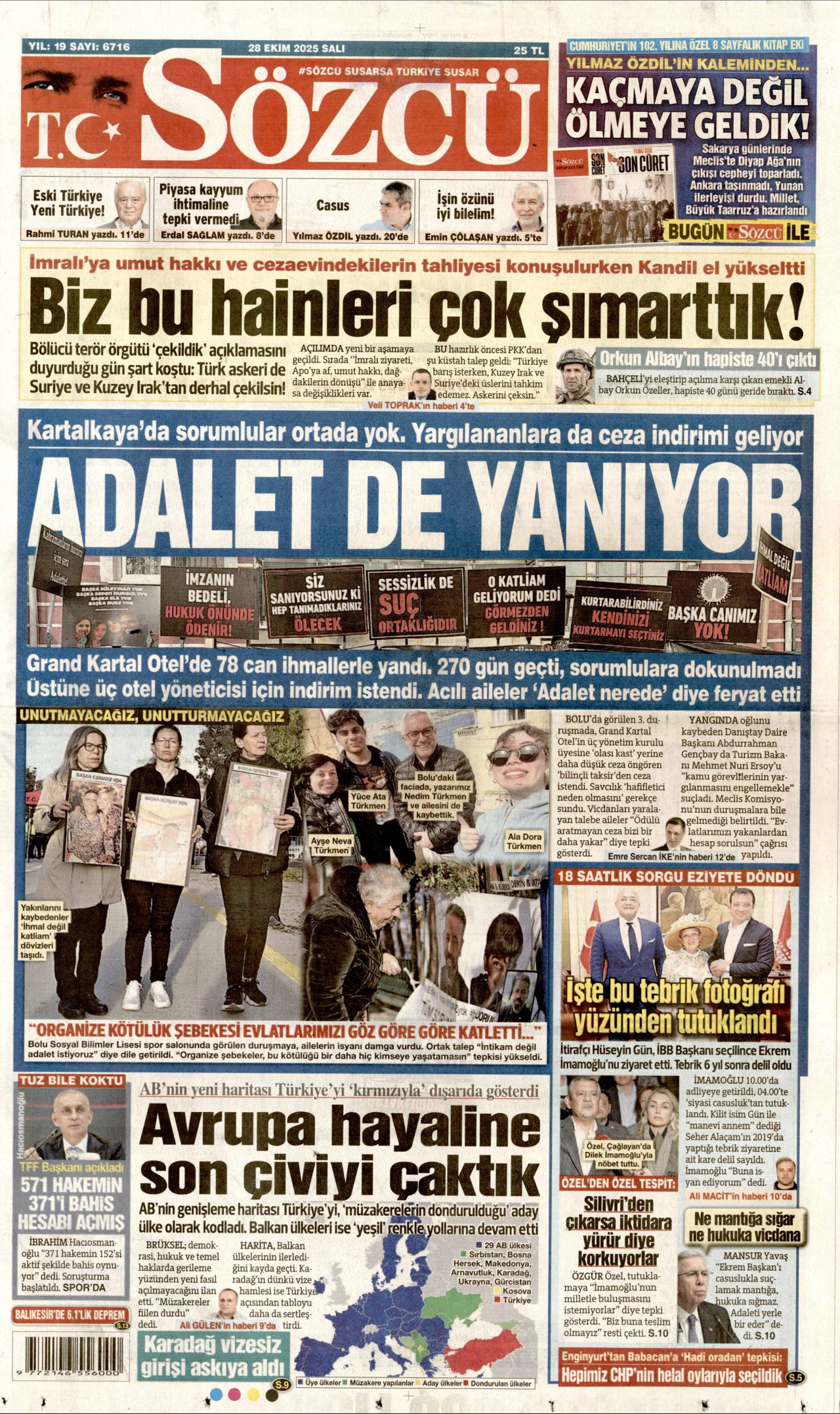 SÖZCÜ gazetesinin 28 Ekim 2025 tarihli birinci sayfası