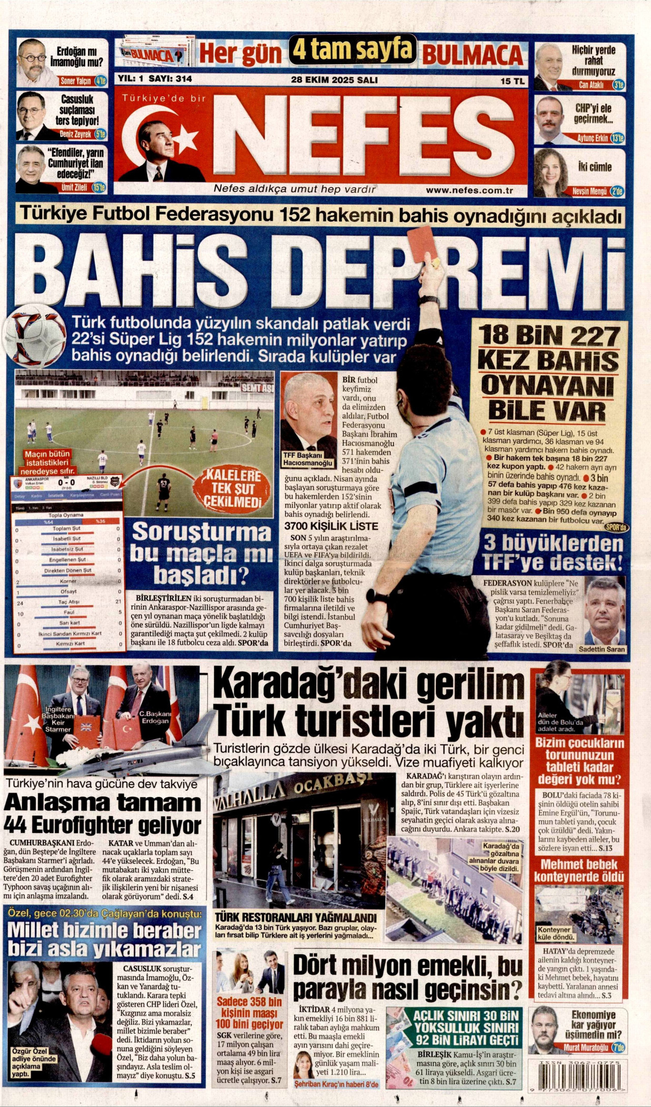 NEFES gazetesinin 28 Ekim 2025 tarihli birinci sayfası