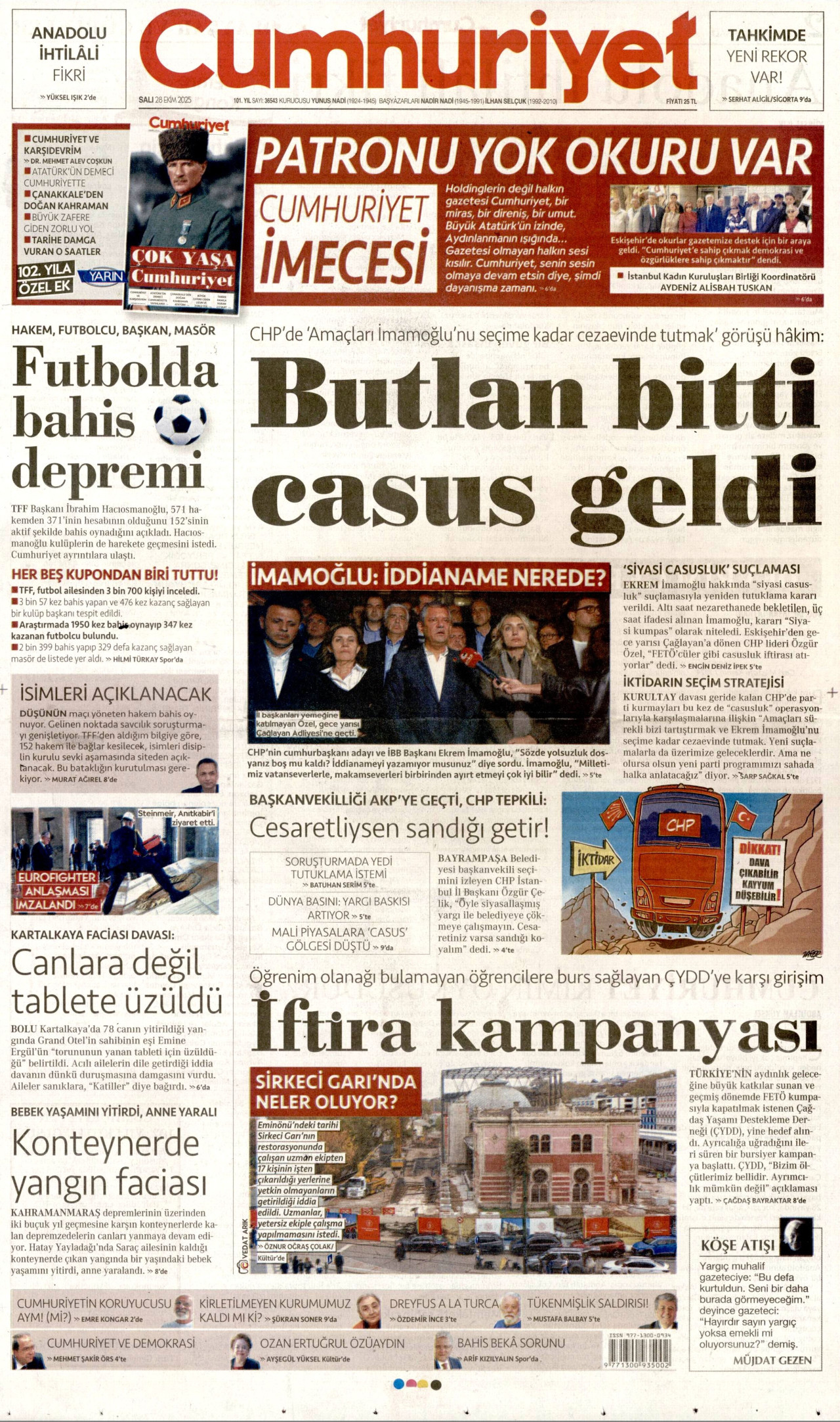 CUMHURİYET gazetesinin 28 Ekim 2025 tarihli birinci sayfası
