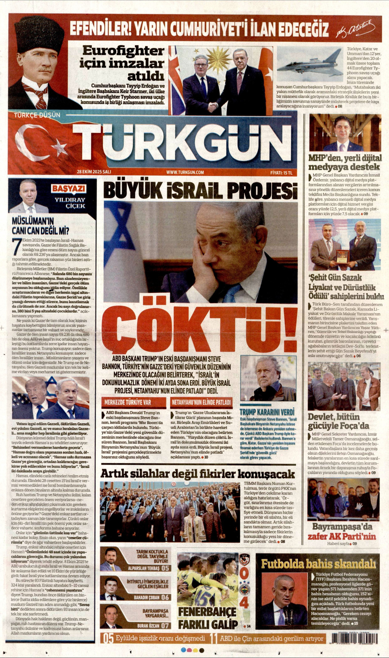 TÜRKGÜN gazetesinin 28 Ekim 2025 tarihli birinci sayfası