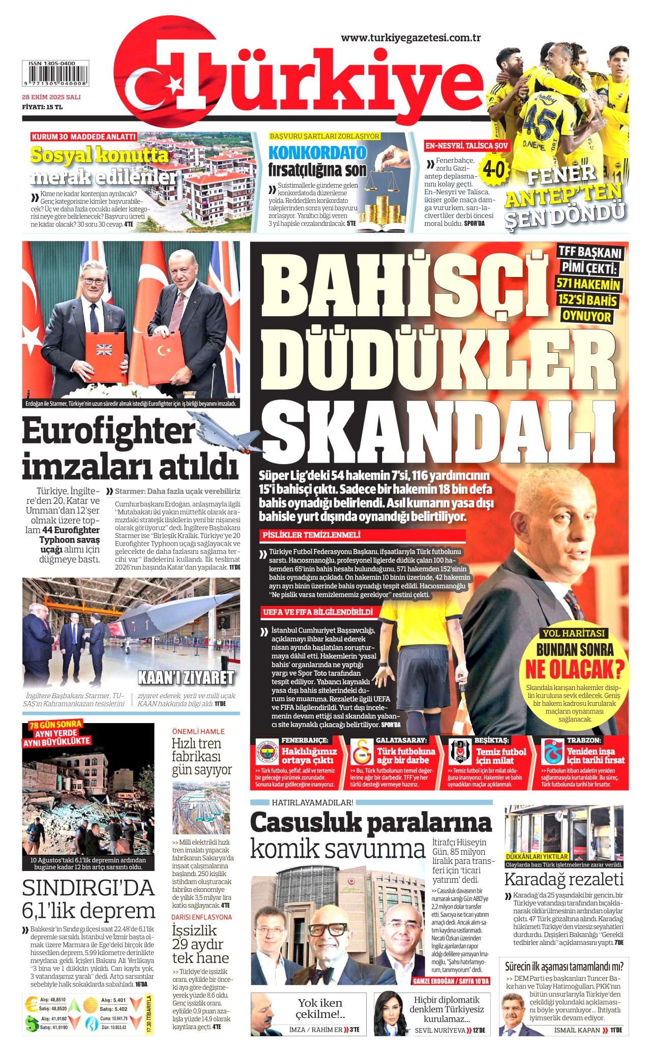 TÜRKİYE GAZETESİ gazetesinin 28 Ekim 2025 tarihli birinci sayfası