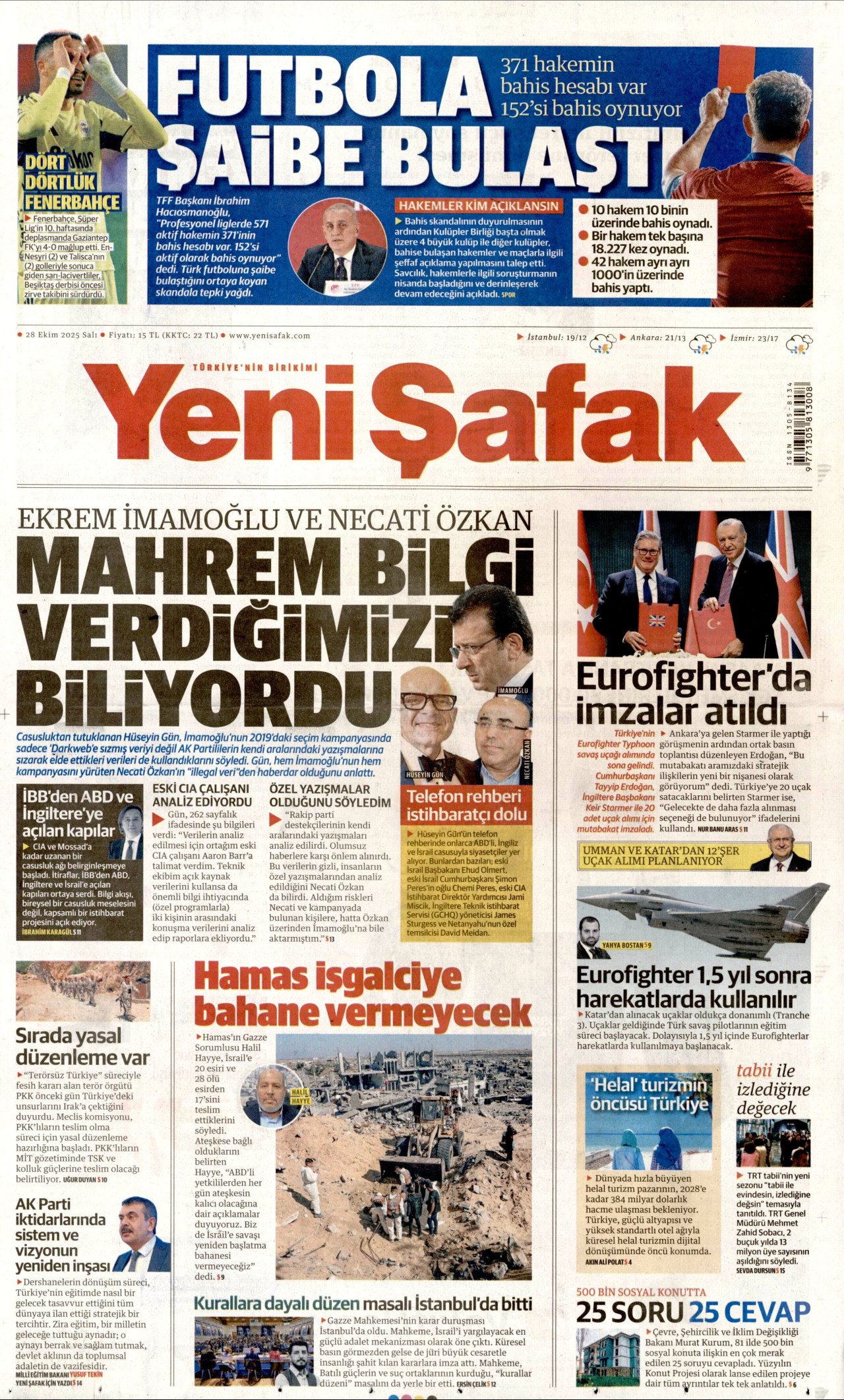 YENİ ŞAFAK gazetesinin 28 Ekim 2025 tarihli birinci sayfası